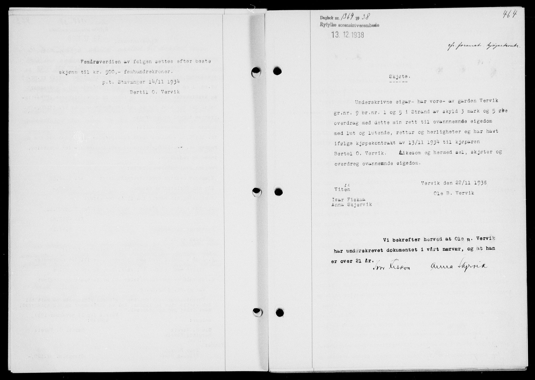 Ryfylke tingrett, SAST/A-100055/001/II/IIB/L0078: Mortgage book no. 57, 1938-1938, Diary no: : 1369/1938