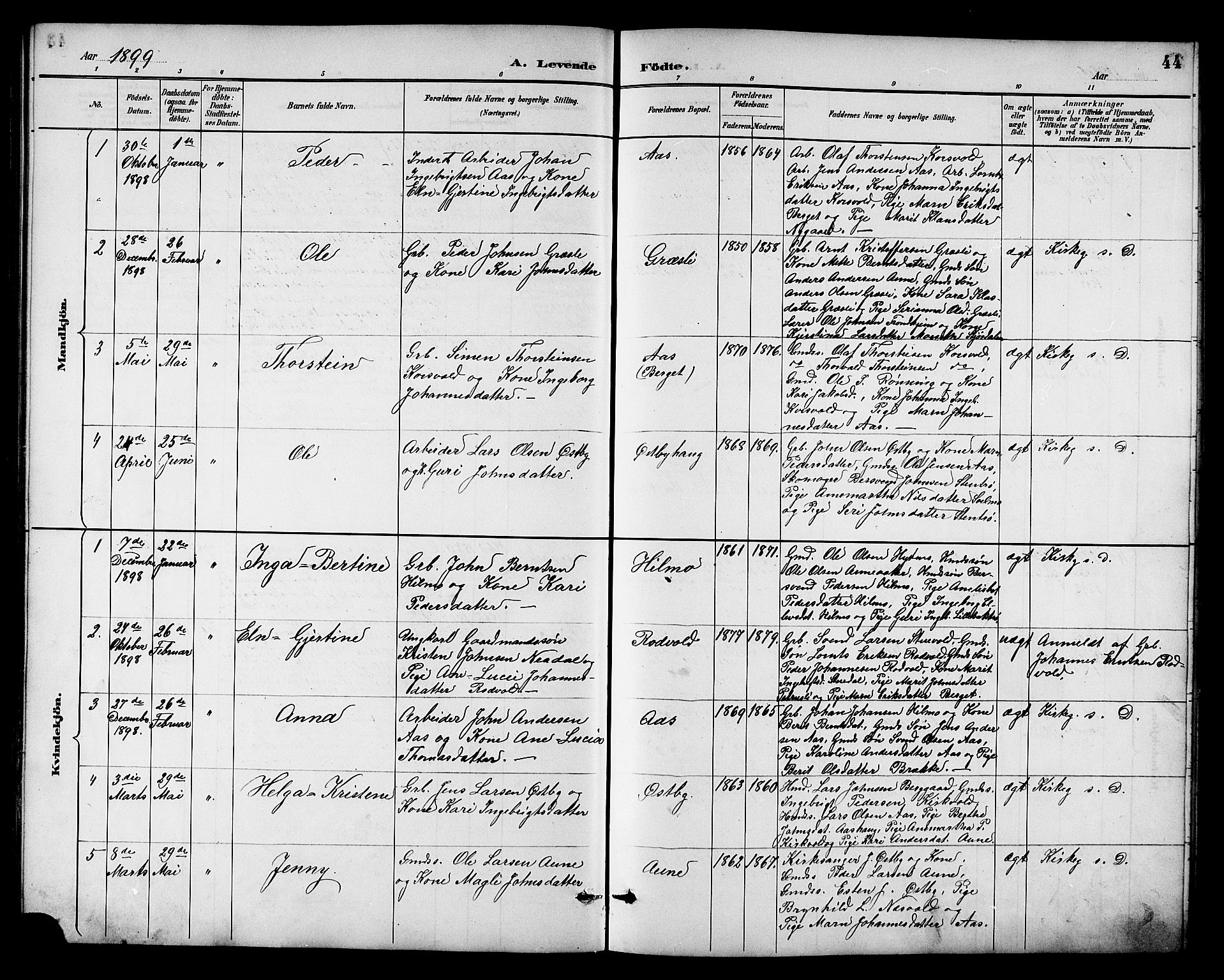 Ministerialprotokoller, klokkerbøker og fødselsregistre - Sør-Trøndelag, SAT/A-1456/698/L1167: Parish register (copy) no. 698C04, 1888-1907, p. 44