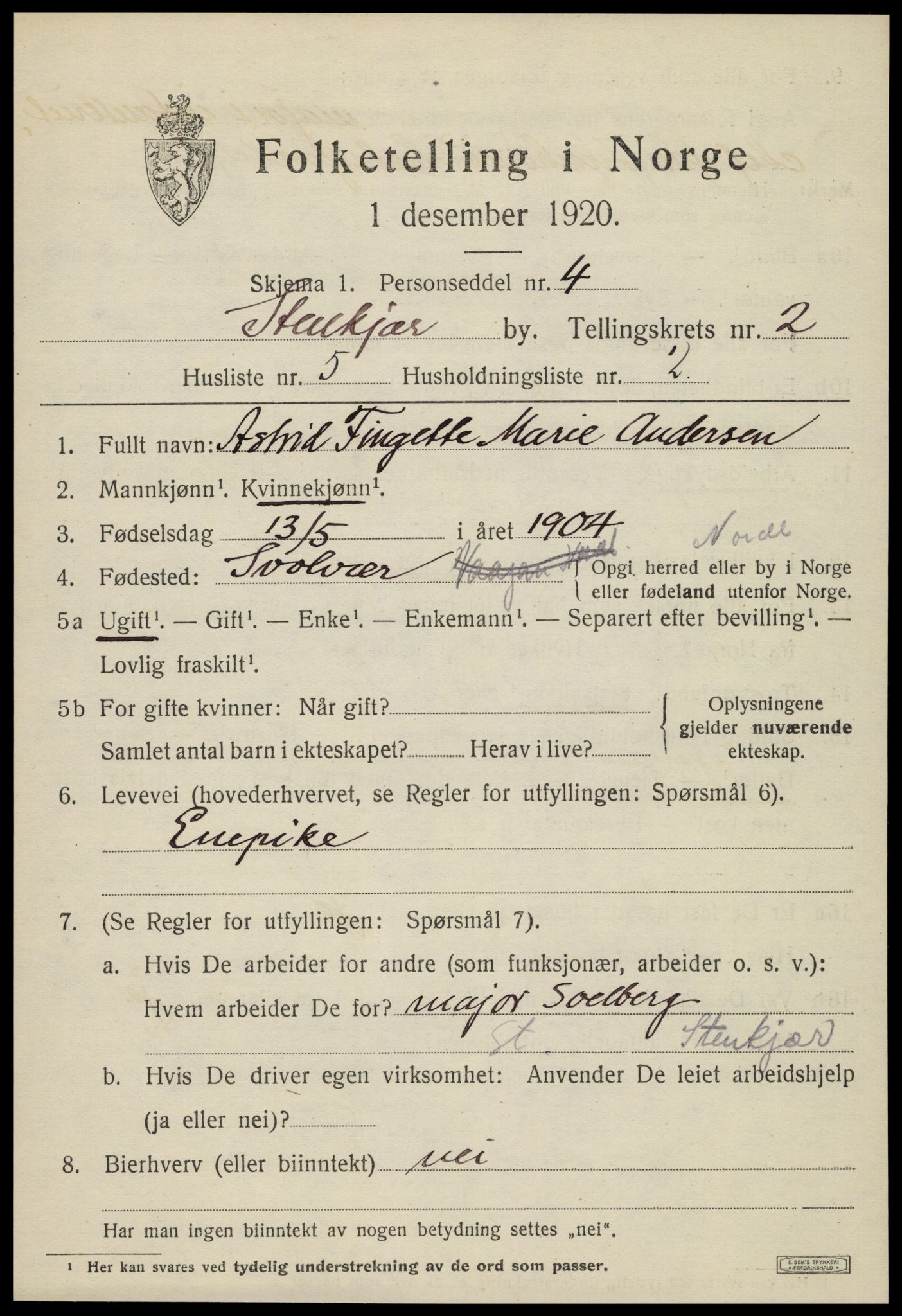 SAT, 1920 census for Steinkjer, 1920, p. 4216