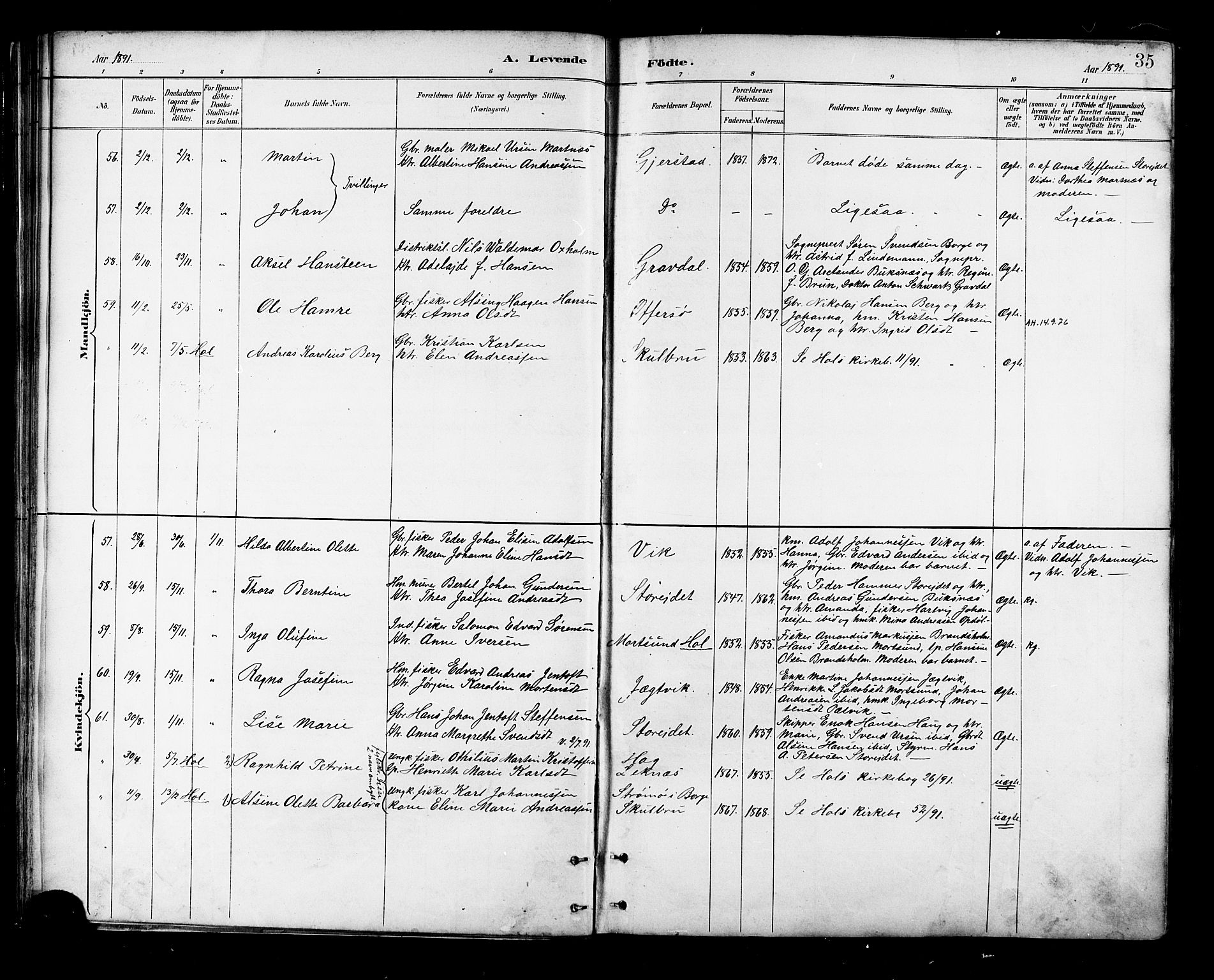 Ministerialprotokoller, klokkerbøker og fødselsregistre - Nordland, AV/SAT-A-1459/881/L1167: Parish register (copy) no. 881C04, 1886-1899, p. 35