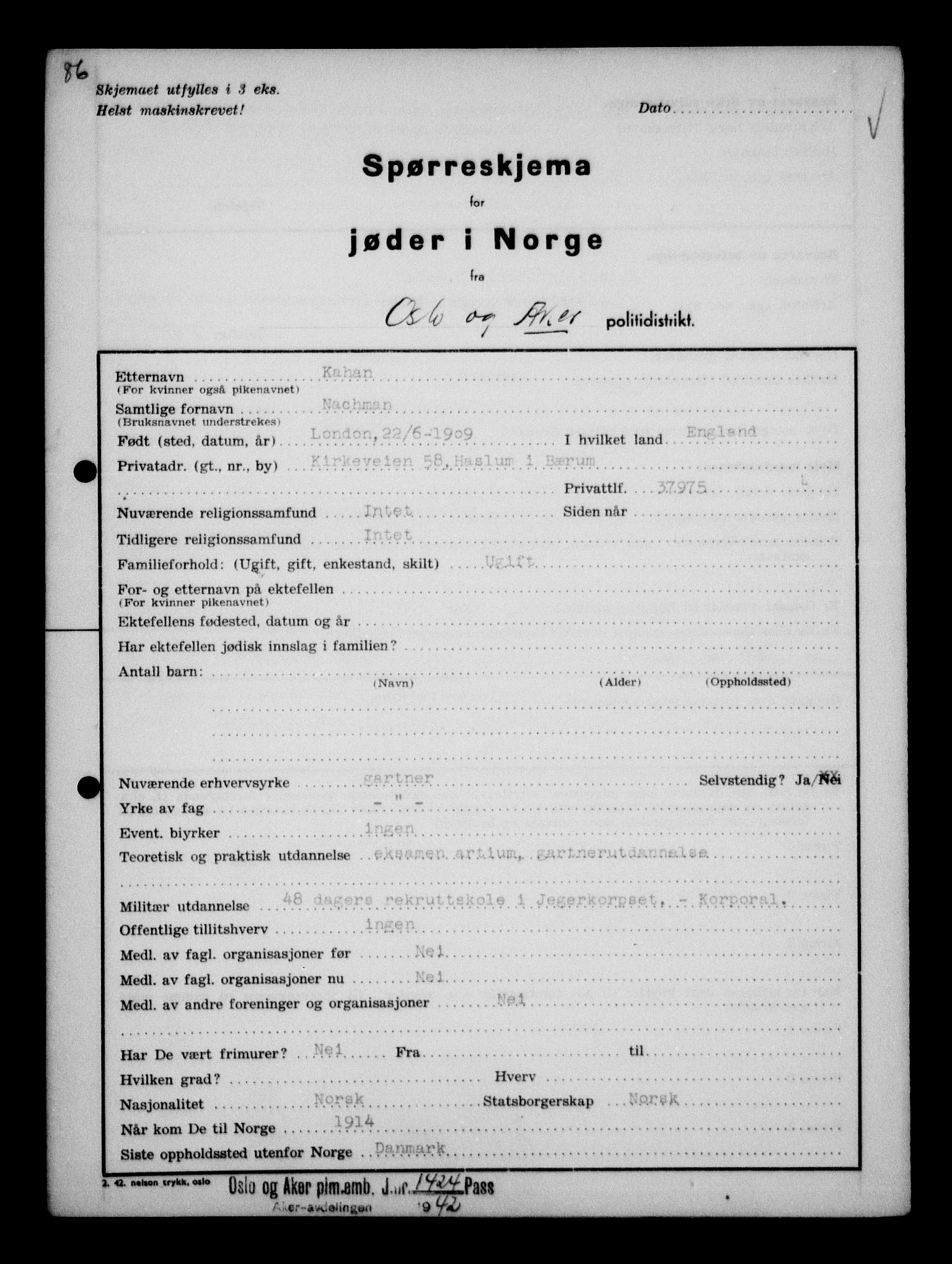 Statspolitiet - Hovedkontoret / Osloavdelingen, AV/RA-S-1329/G/Ga/L0011: Spørreskjema for jøder i Norge. 1: Oslo 610-806 (Plavnik-Zwillinger). 2: Aker 1-113 (Adler-Lewin). , 1942, p. 842