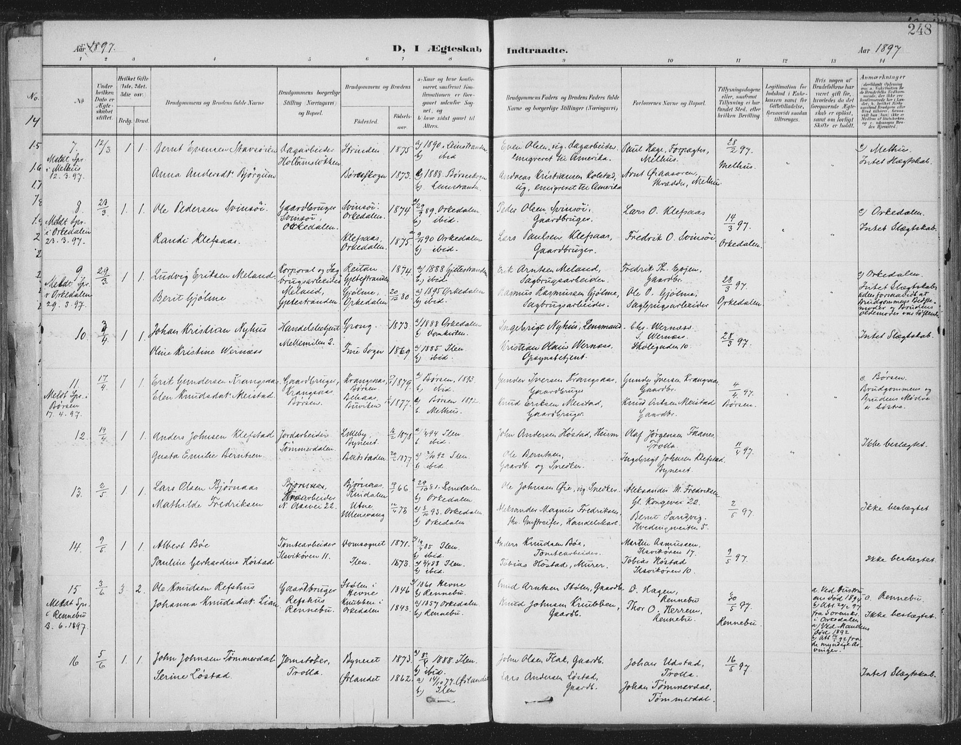 Ministerialprotokoller, klokkerbøker og fødselsregistre - Sør-Trøndelag, AV/SAT-A-1456/603/L0167: Parish register (official) no. 603A06, 1896-1932, p. 248