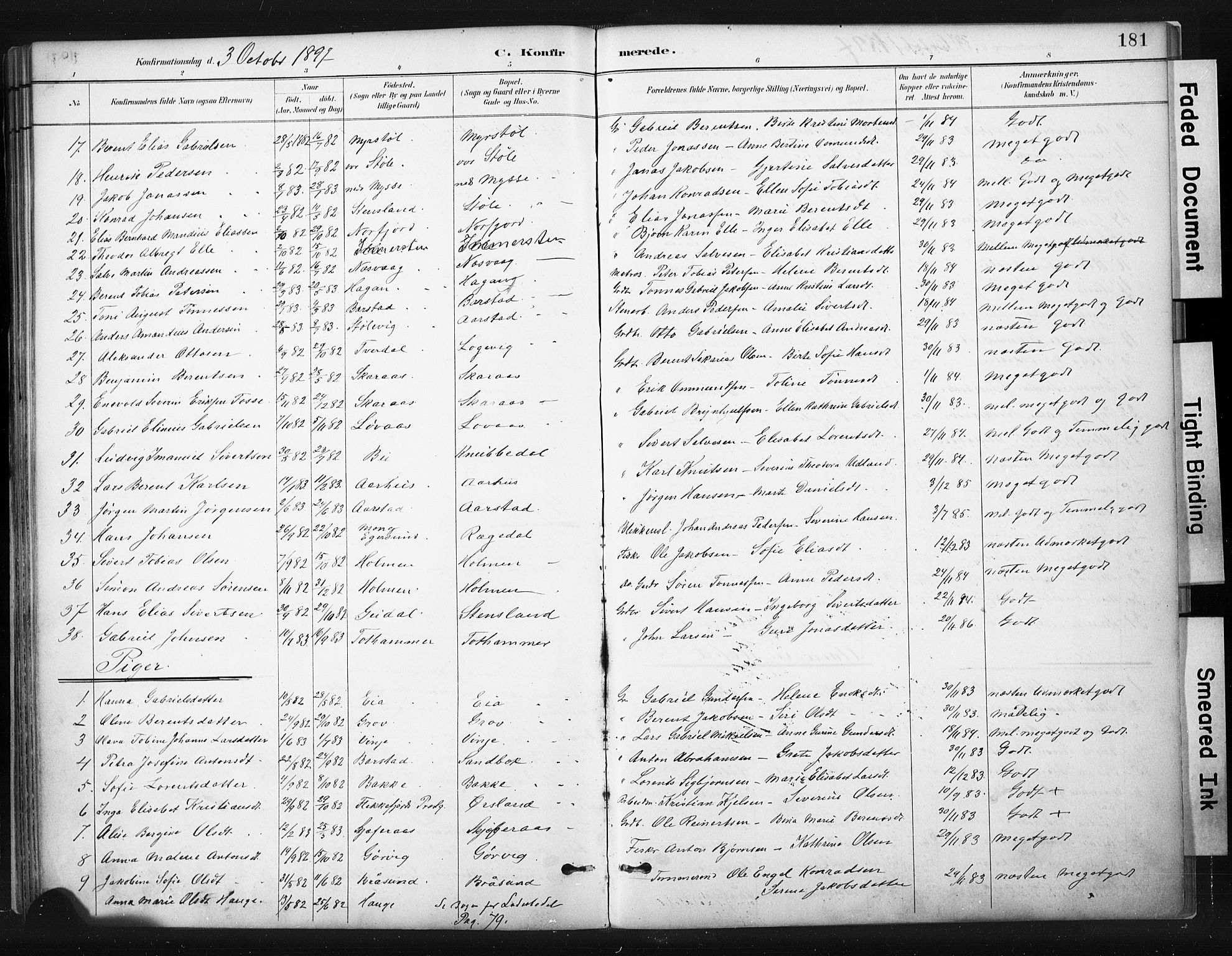 Sokndal sokneprestkontor, AV/SAST-A-101808: Parish register (official) no. A 11.1, 1887-1905, p. 181