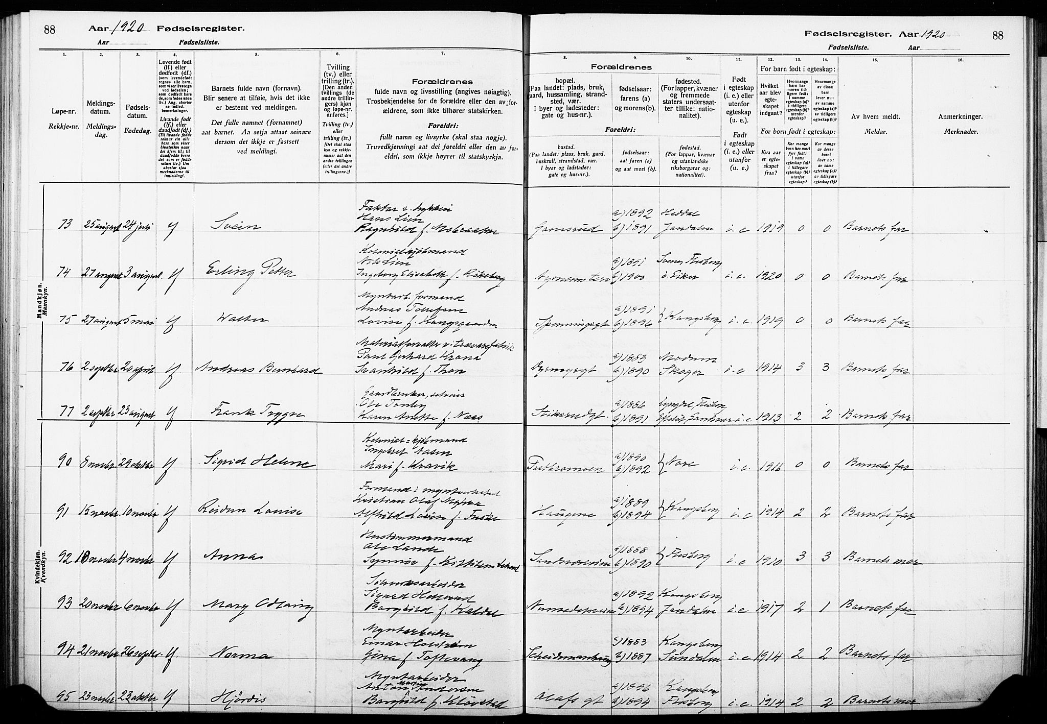 Kongsberg kirkebøker, AV/SAKO-A-22/J/Ja/L0001: Birth register no. I 1, 1916-1927, p. 88