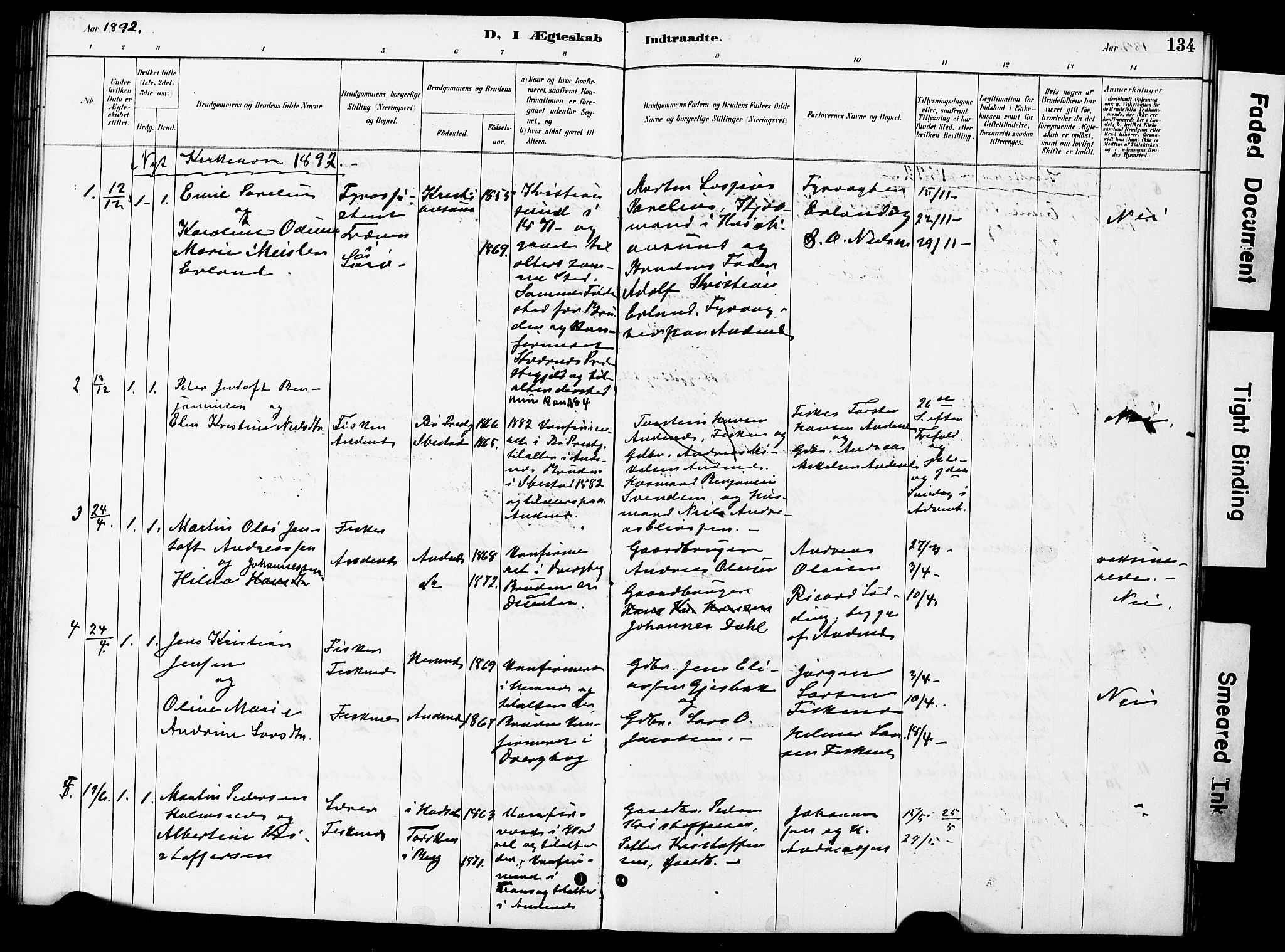 Ministerialprotokoller, klokkerbøker og fødselsregistre - Nordland, AV/SAT-A-1459/899/L1448: Parish register (copy) no. 899C03, 1887-1902, p. 134