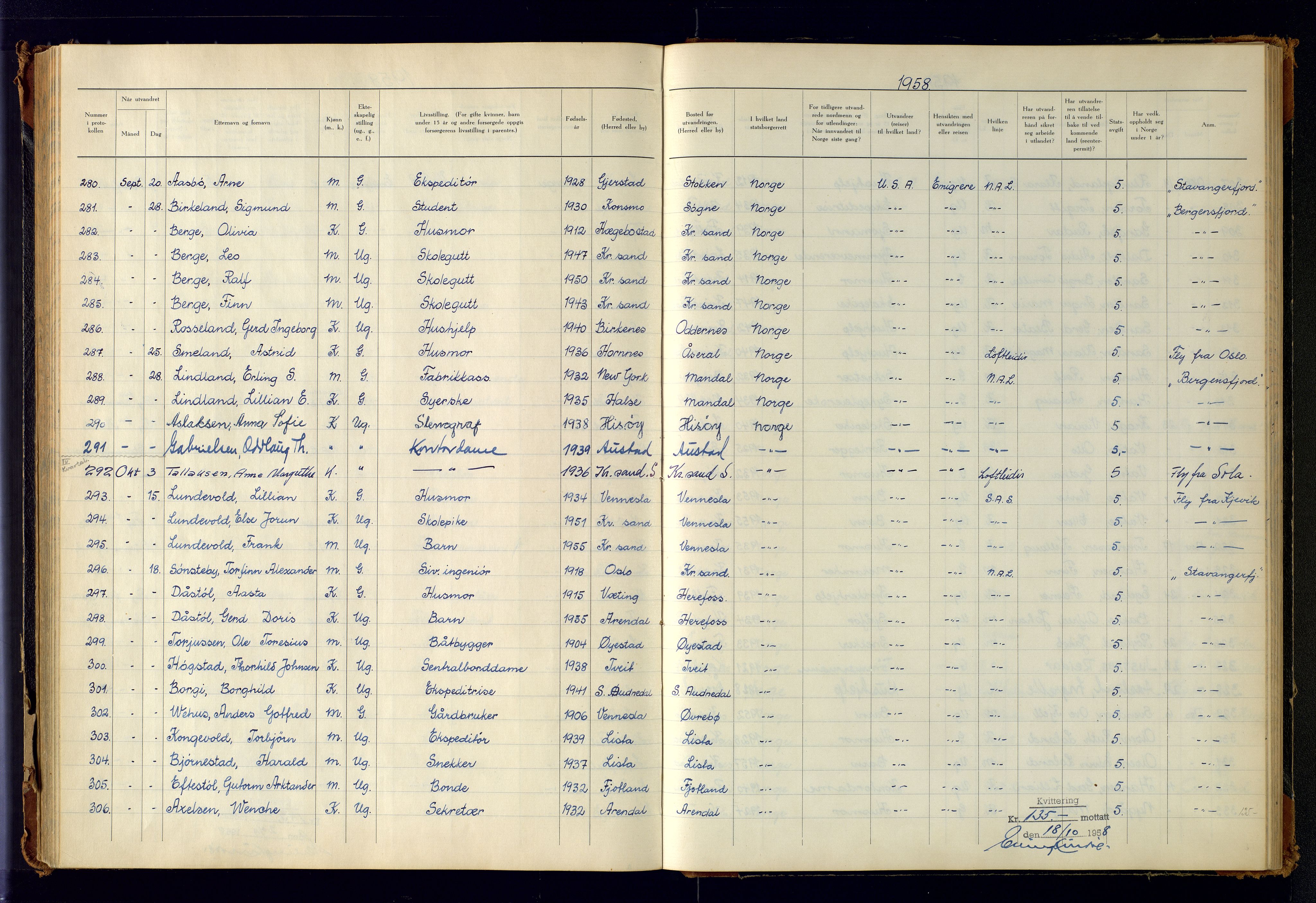 Kristiansand politikammer, AV/SAK-1243-0004/K/Kb/L0249: Emigrantprotokoll, 1951-1961, p. 147