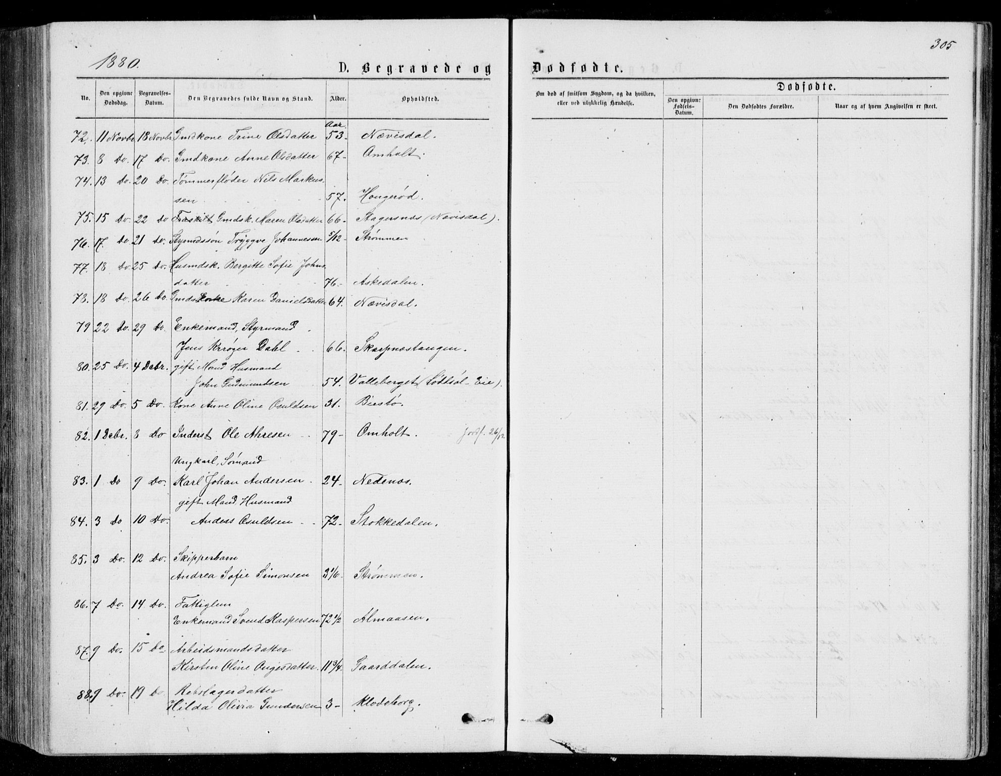 Øyestad sokneprestkontor, AV/SAK-1111-0049/F/Fb/L0008: Parish register (copy) no. B 8, 1872-1886, p. 305