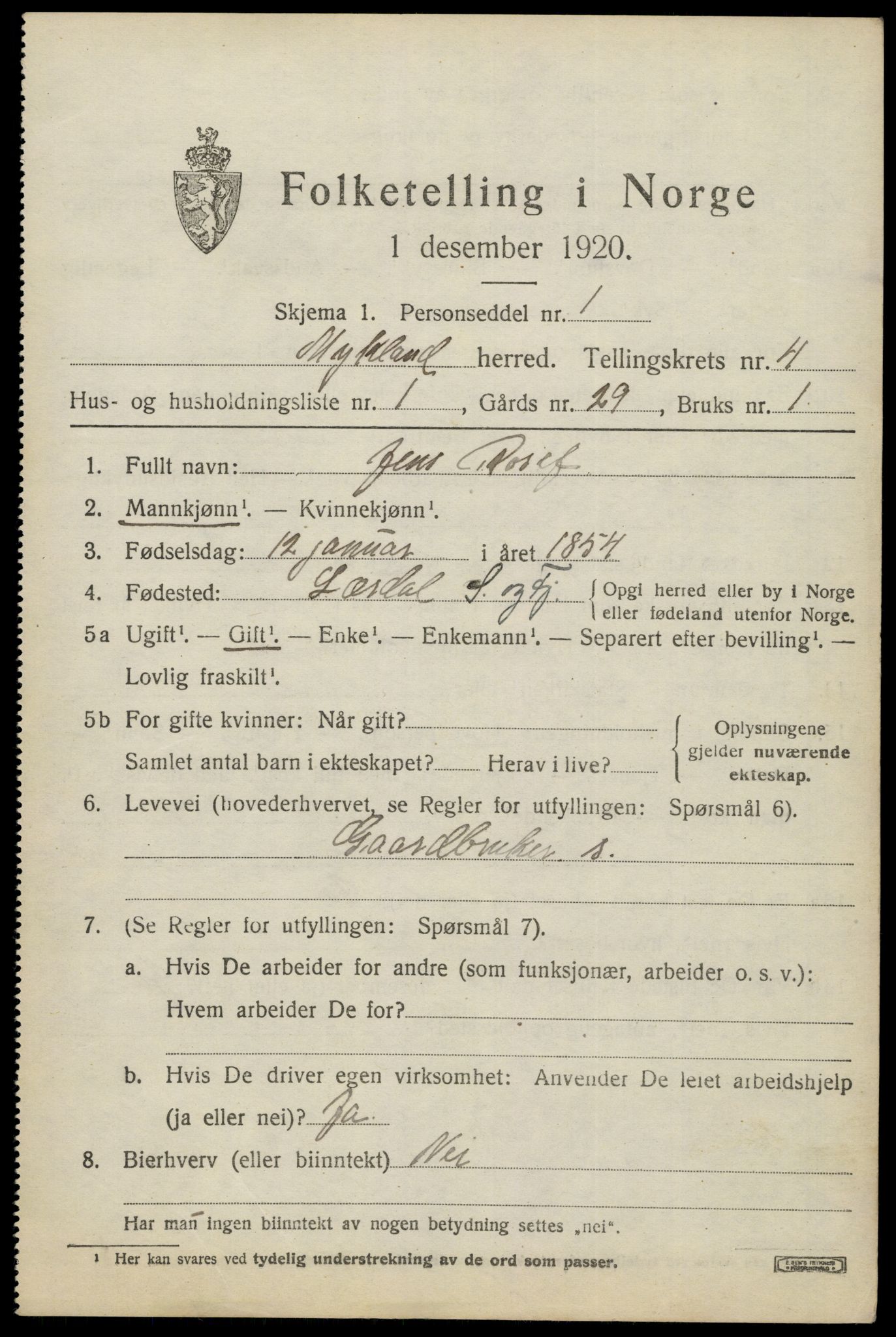 SAK, 1920 census for Mykland, 1920, p. 1322