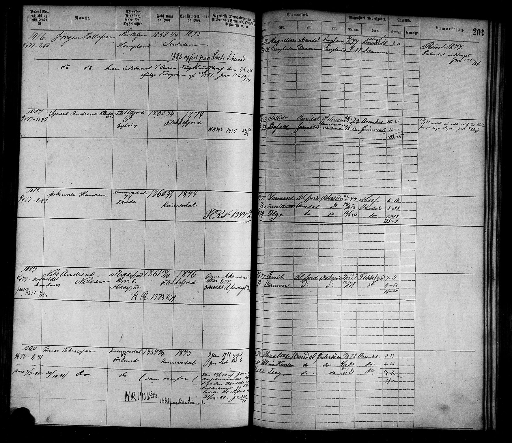 Flekkefjord mønstringskrets, AV/SAK-2031-0018/F/Fa/L0002: Annotasjonsrulle nr 1-1920 med register, N-2, 1870-1891, p. 229