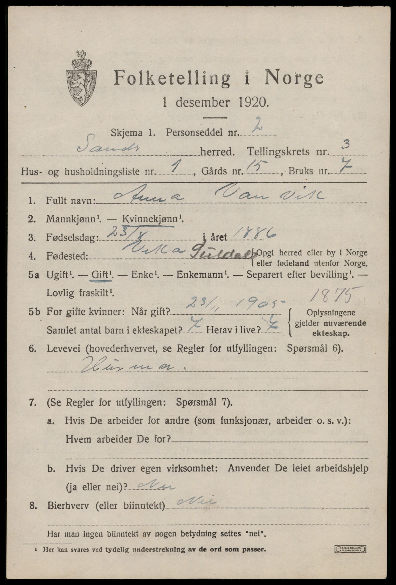 SAST, 1920 census for Sand, 1920, p. 1057