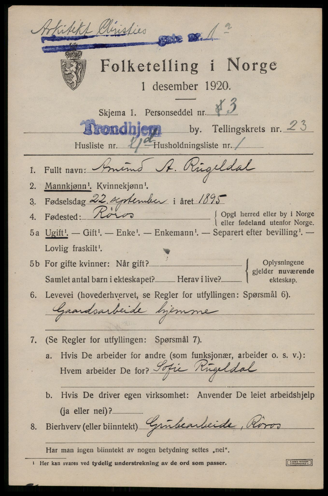 SAT, 1920 census for Trondheim, 1920, p. 63950