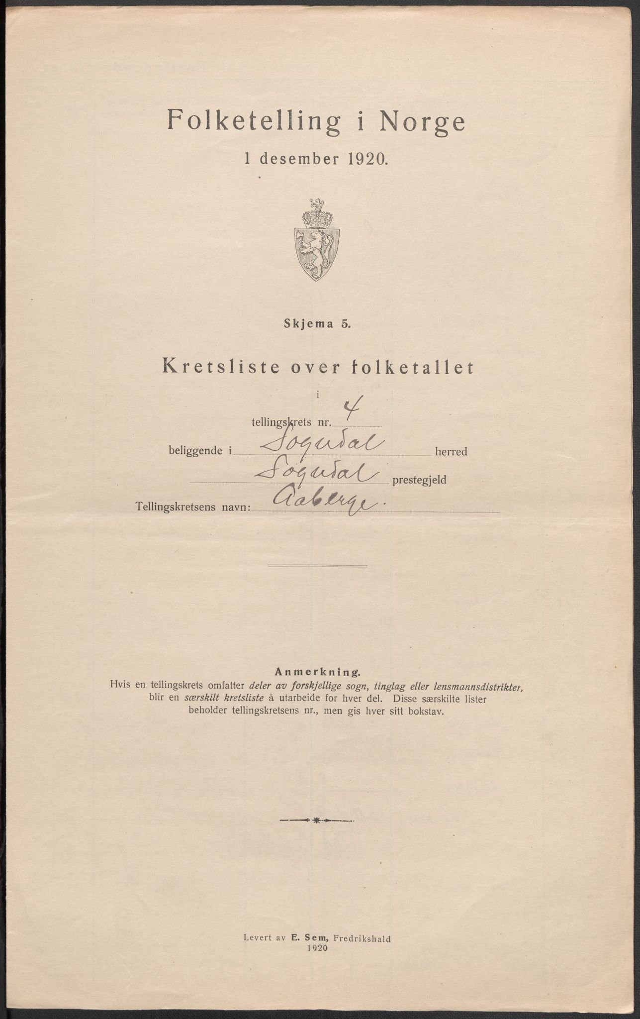 SAB, 1920 census for Sogndal, 1920, p. 14