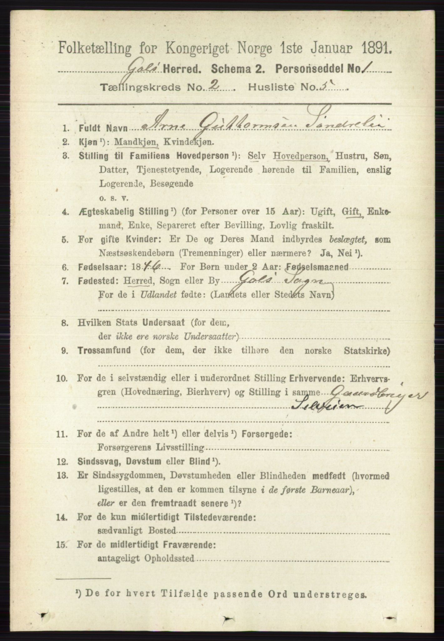 RA, 1891 census for 0617 Gol og Hemsedal, 1891, p. 736