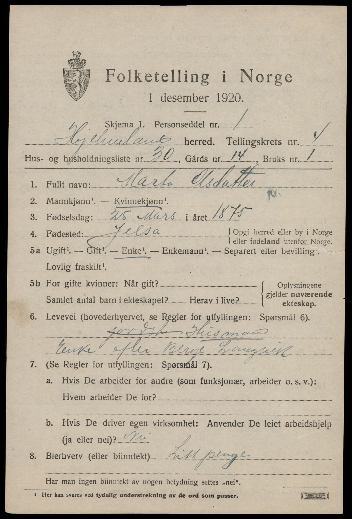 SAST, 1920 census for Hjelmeland, 1920, p. 1809