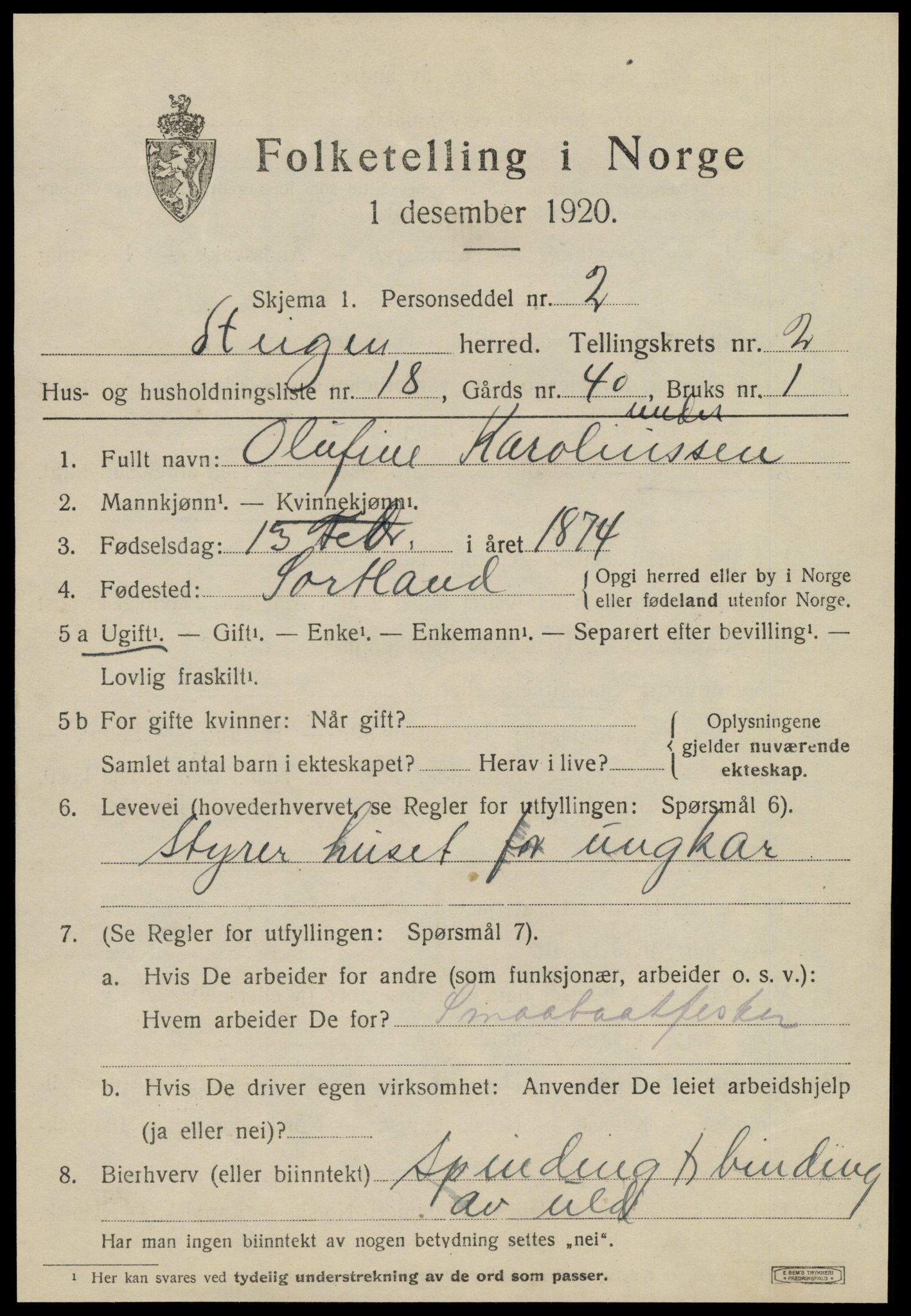 SAT, 1920 census for Steigen, 1920, p. 1360