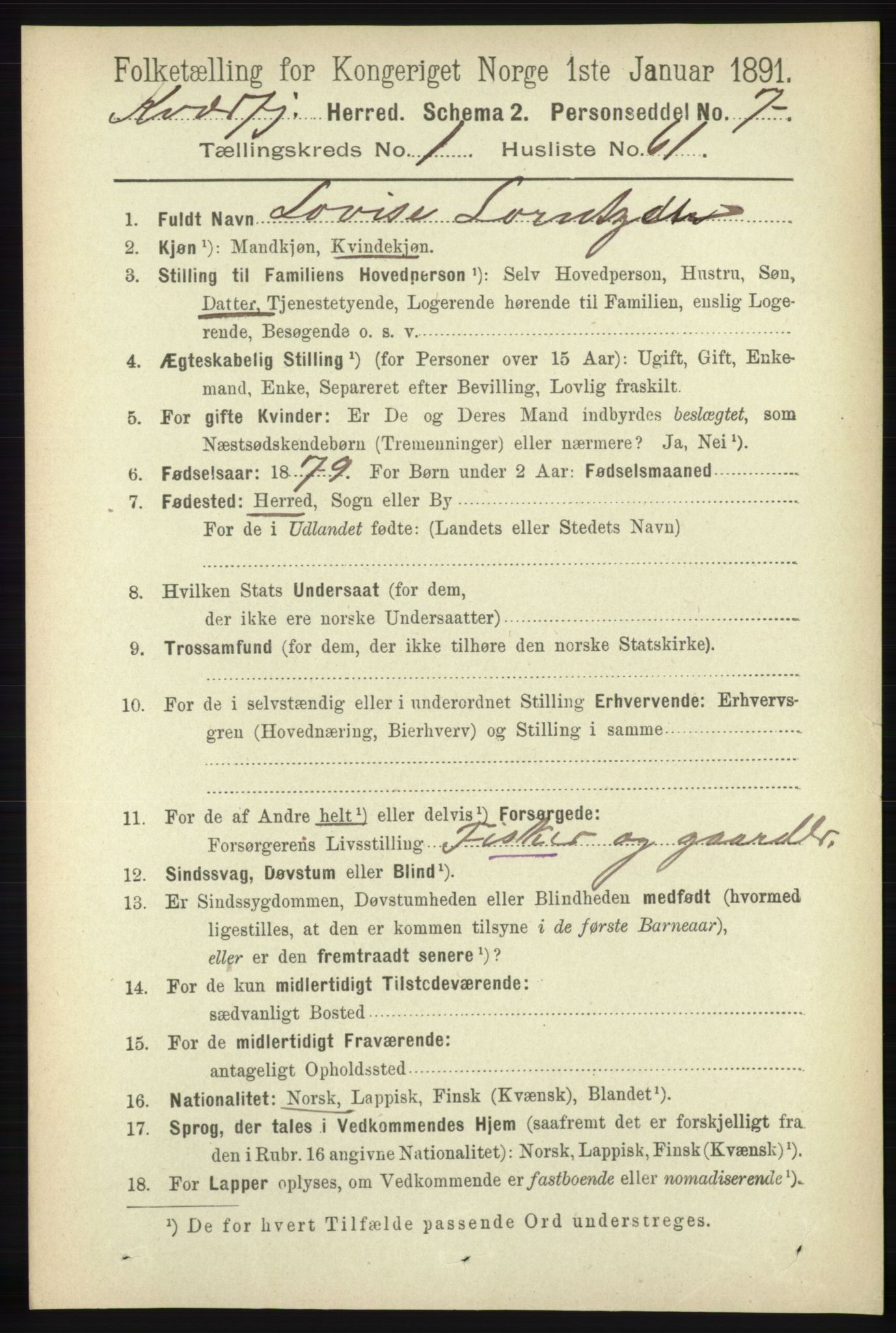 RA, 1891 census for 1911 Kvæfjord, 1891, p. 515