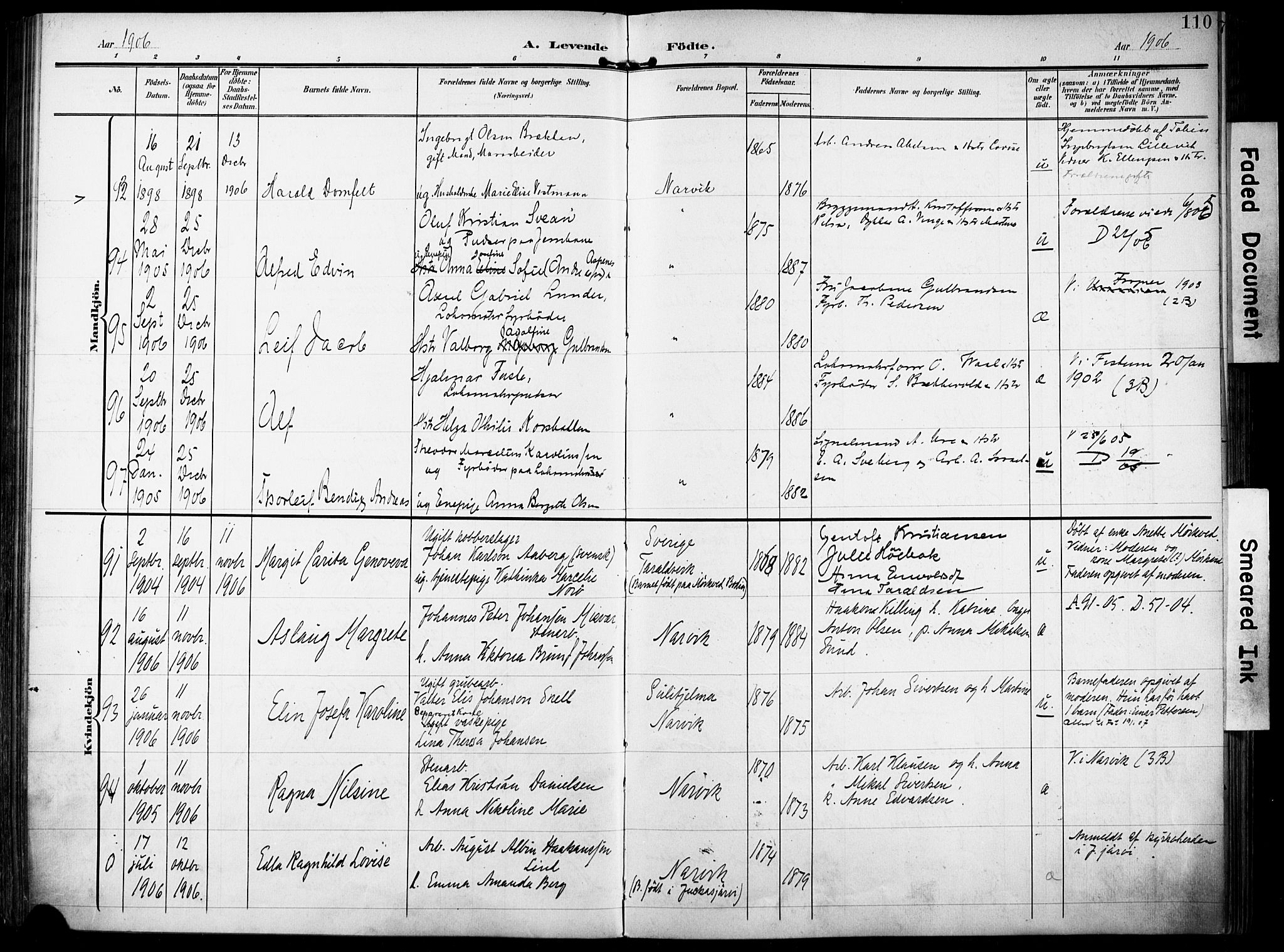 Ministerialprotokoller, klokkerbøker og fødselsregistre - Nordland, AV/SAT-A-1459/871/L0994: Parish register (official) no. 871A10, 1902-1910, p. 110