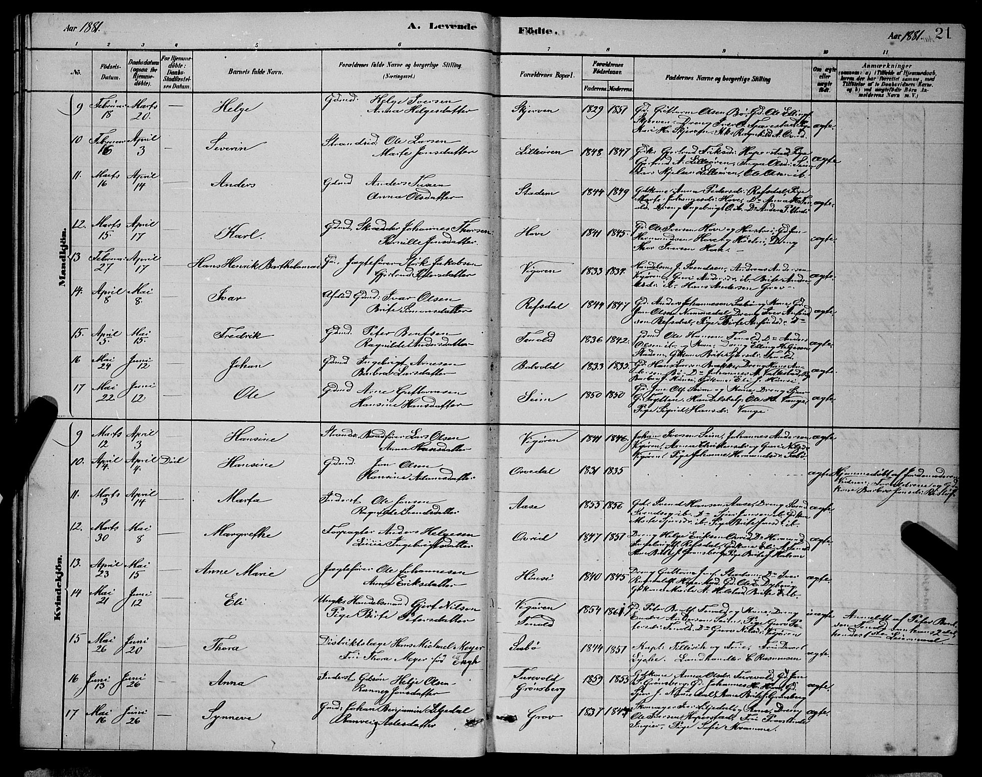 Vik sokneprestembete, AV/SAB-A-81501/H/Hab/Haba/L0003: Parish register (copy) no. A 3, 1878-1894, p. 21