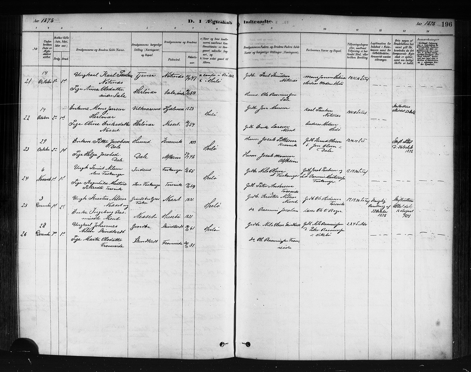 Herdla Sokneprestembete, AV/SAB-A-75701/H/Haa: Parish register (official) no. A 3, 1878-1890, p. 196