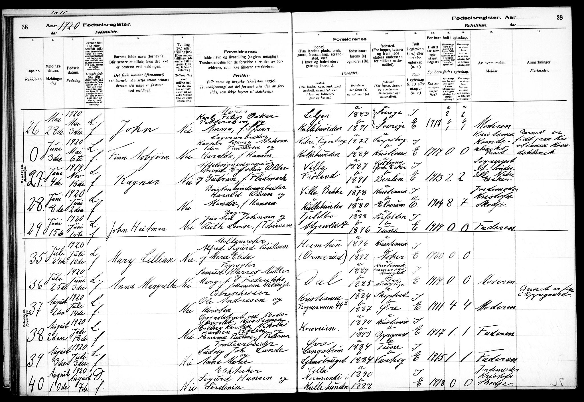 Nesodden prestekontor Kirkebøker, AV/SAO-A-10013/J/Jb/L0001: Birth register no. II 1, 1916-1933, p. 38