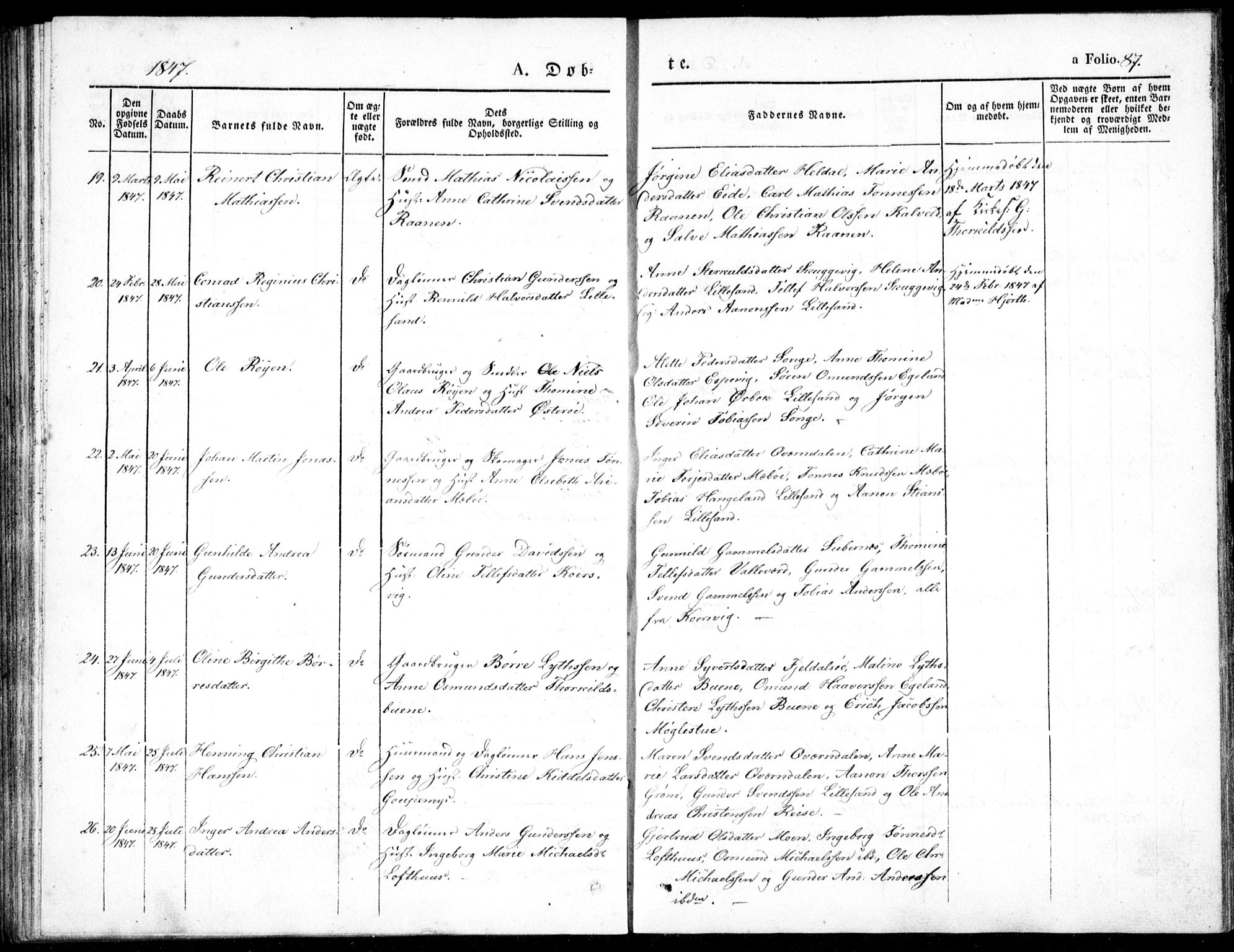 Vestre Moland sokneprestkontor, AV/SAK-1111-0046/F/Fb/Fbb/L0002: Parish register (copy) no. B 2, 1836-1851, p. 87