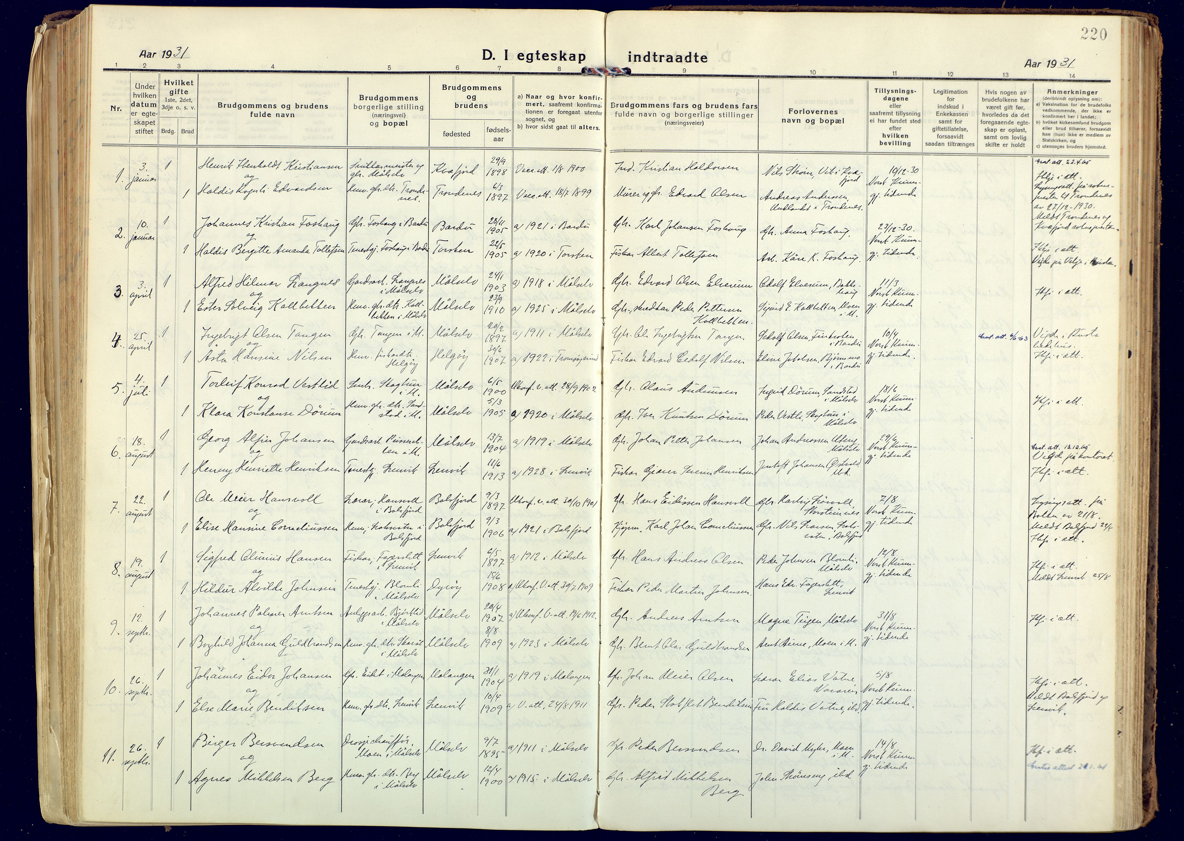 Målselv sokneprestembete, AV/SATØ-S-1311/G/Ga/Gaa/L0014kirke: Parish register (official) no. 14, 1919-1932, p. 220