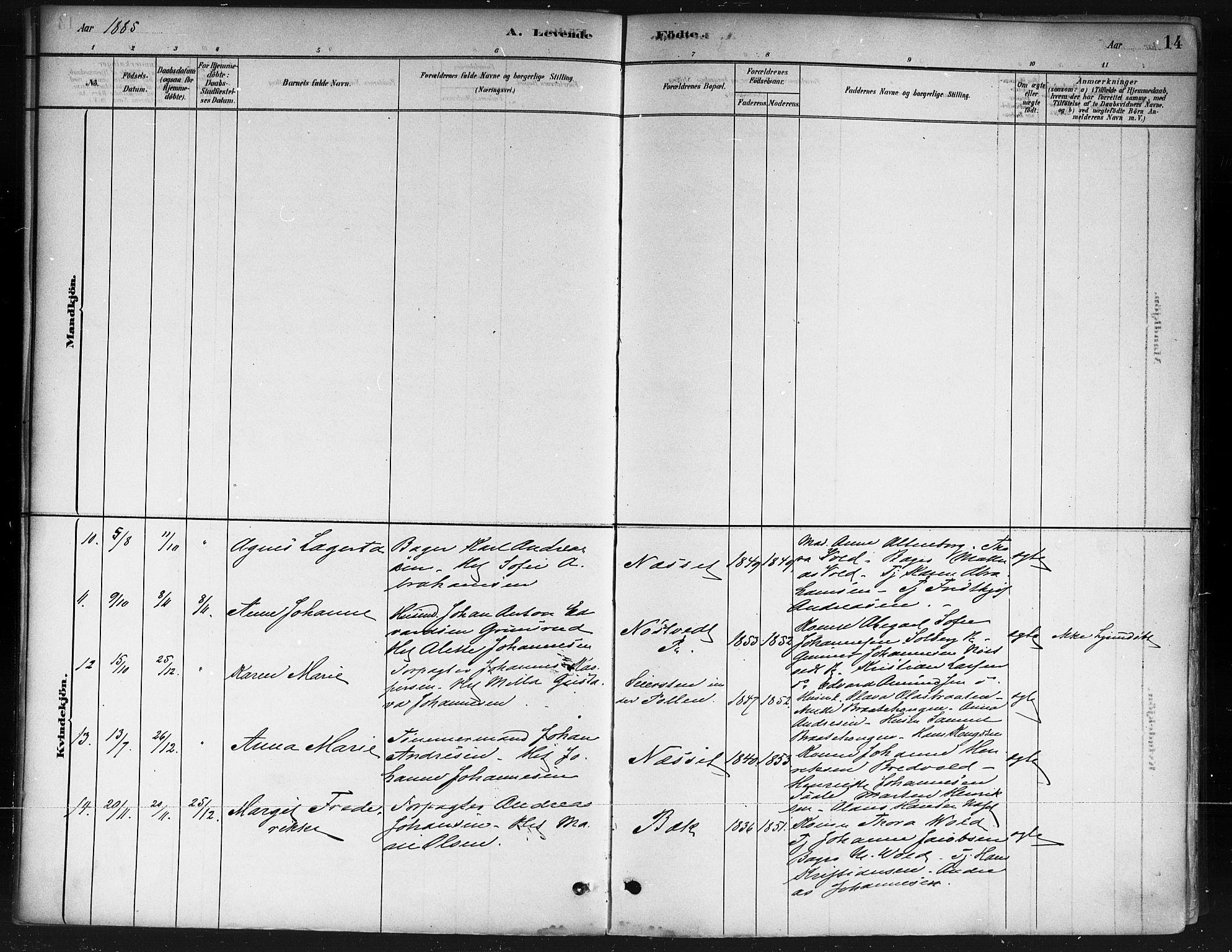 Ås prestekontor Kirkebøker, AV/SAO-A-10894/F/Fb/L0001: Parish register (official) no. II 1, 1881-1895, p. 14