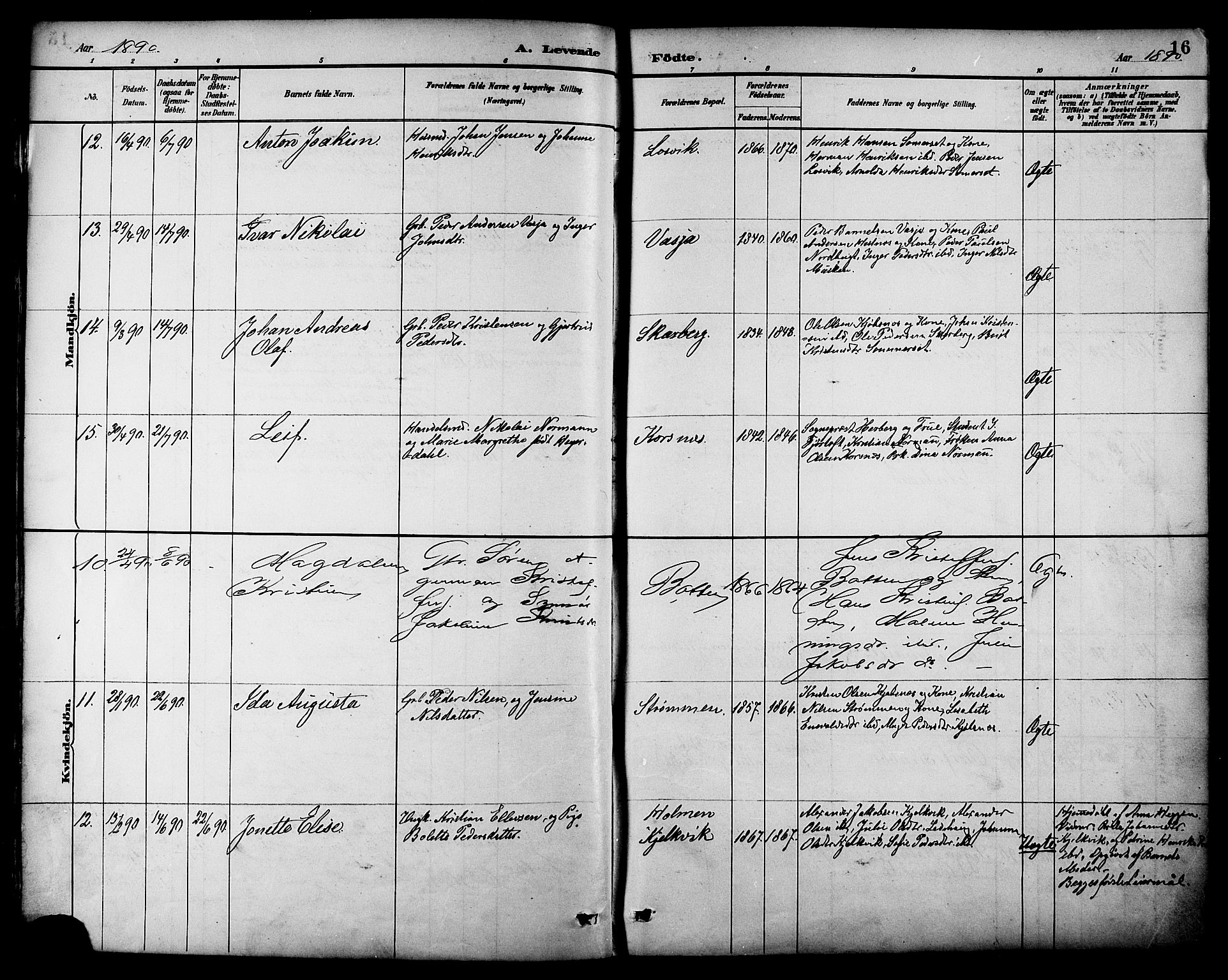 Ministerialprotokoller, klokkerbøker og fødselsregistre - Nordland, AV/SAT-A-1459/861/L0869: Parish register (official) no. 861A04, 1889-1903, p. 16