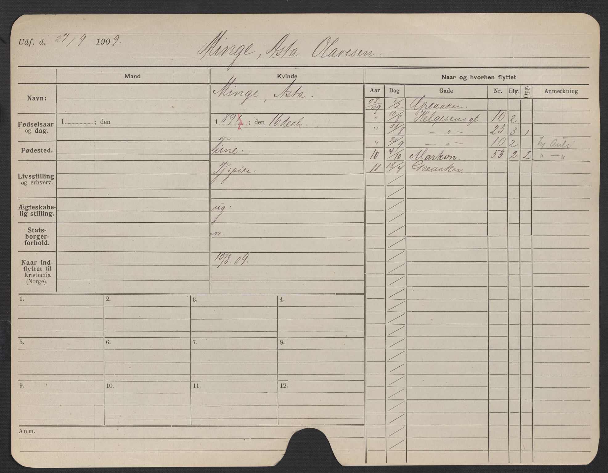 Oslo folkeregister, Registerkort, AV/SAO-A-11715/F/Fa/Fac/L0020: Kvinner, 1906-1914, p. 880a