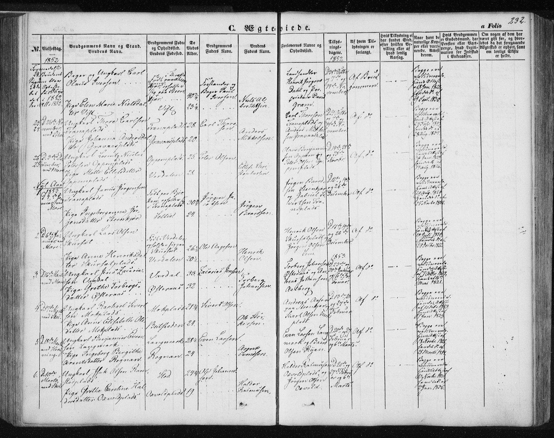 Ministerialprotokoller, klokkerbøker og fødselsregistre - Nord-Trøndelag, SAT/A-1458/735/L0342: Parish register (official) no. 735A07 /1, 1849-1862, p. 232