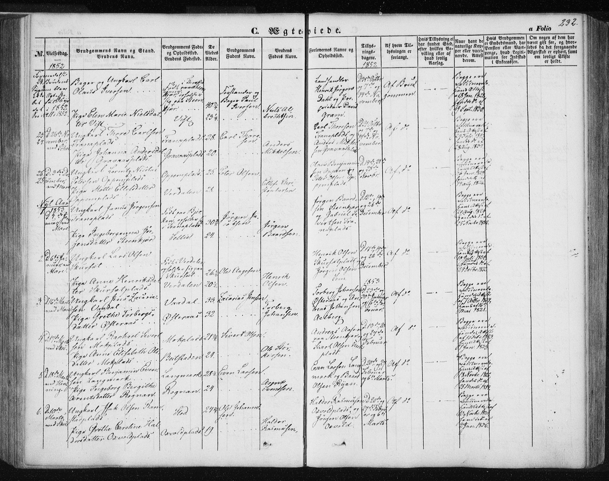 Ministerialprotokoller, klokkerbøker og fødselsregistre - Nord-Trøndelag, AV/SAT-A-1458/735/L0342: Parish register (official) no. 735A07 /1, 1849-1862, p. 232