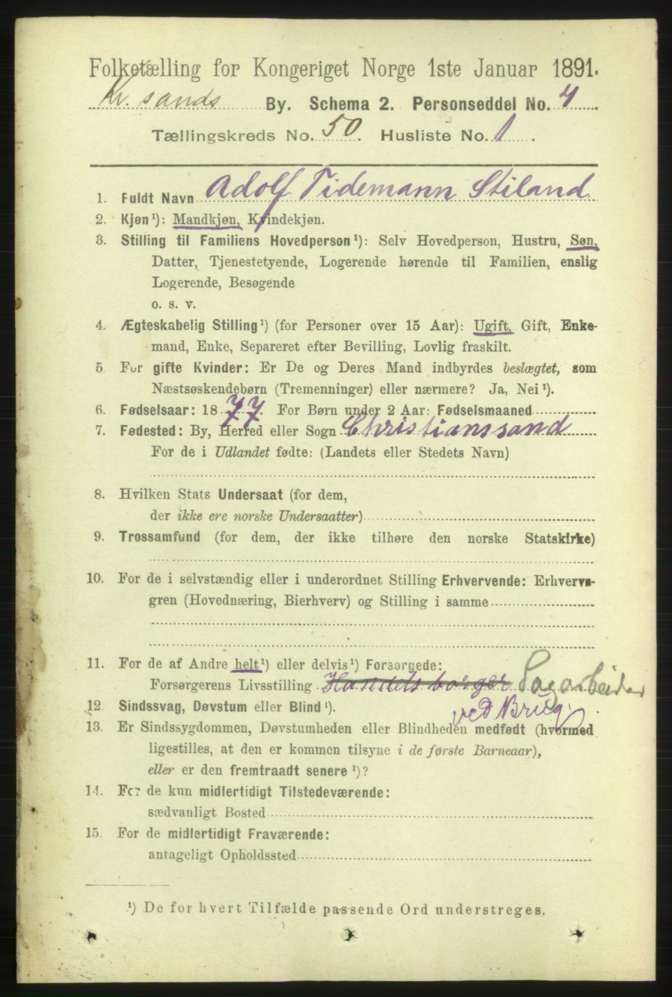 RA, 1891 census for 1001 Kristiansand, 1891, p. 14889