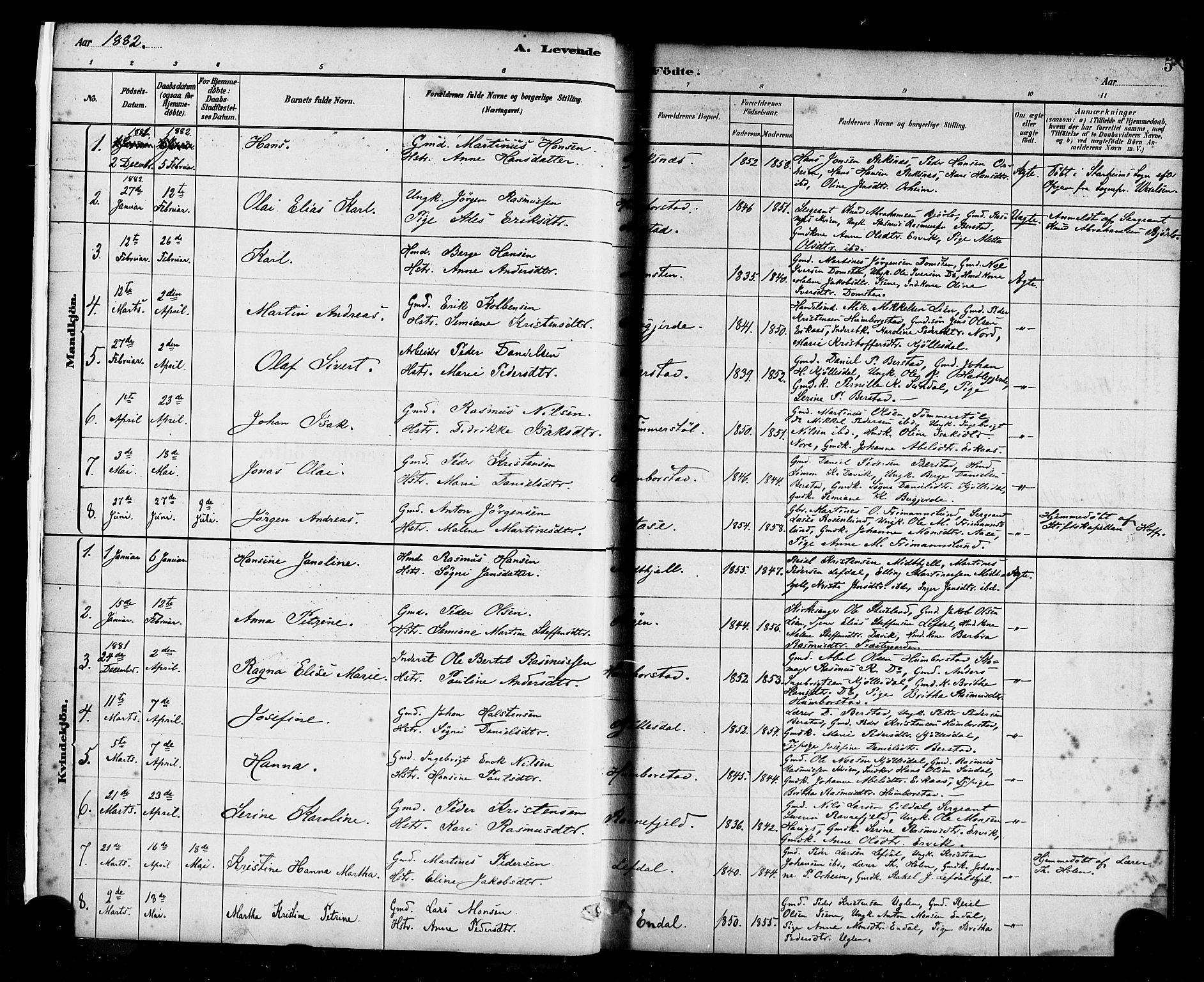 Davik sokneprestembete, SAB/A-79701/H/Haa/Haab/L0001: Parish register (official) no. B 1, 1882-1900, p. 5