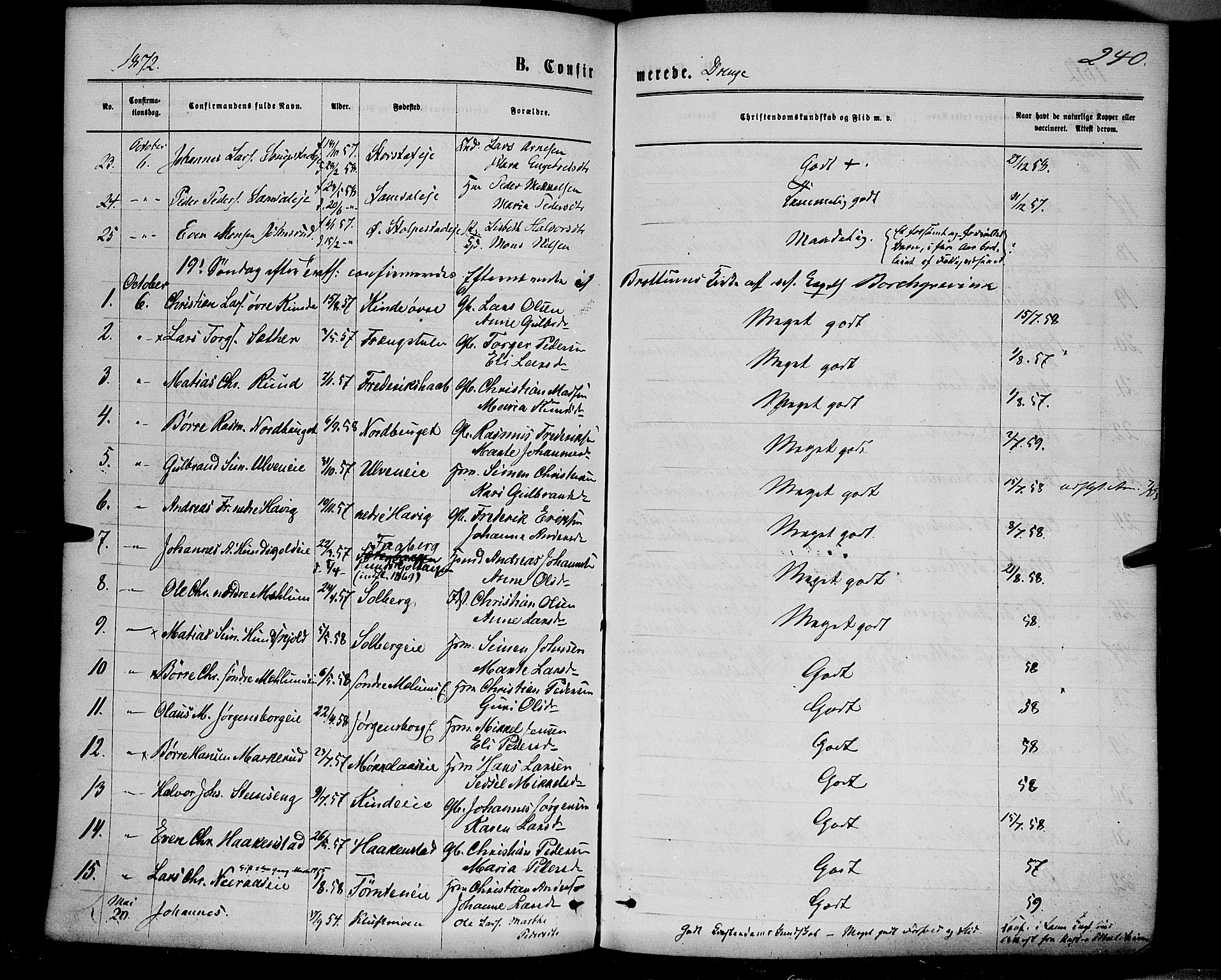 Ringsaker prestekontor, AV/SAH-PREST-014/K/Ka/L0011: Parish register (official) no. 11, 1870-1878, p. 240