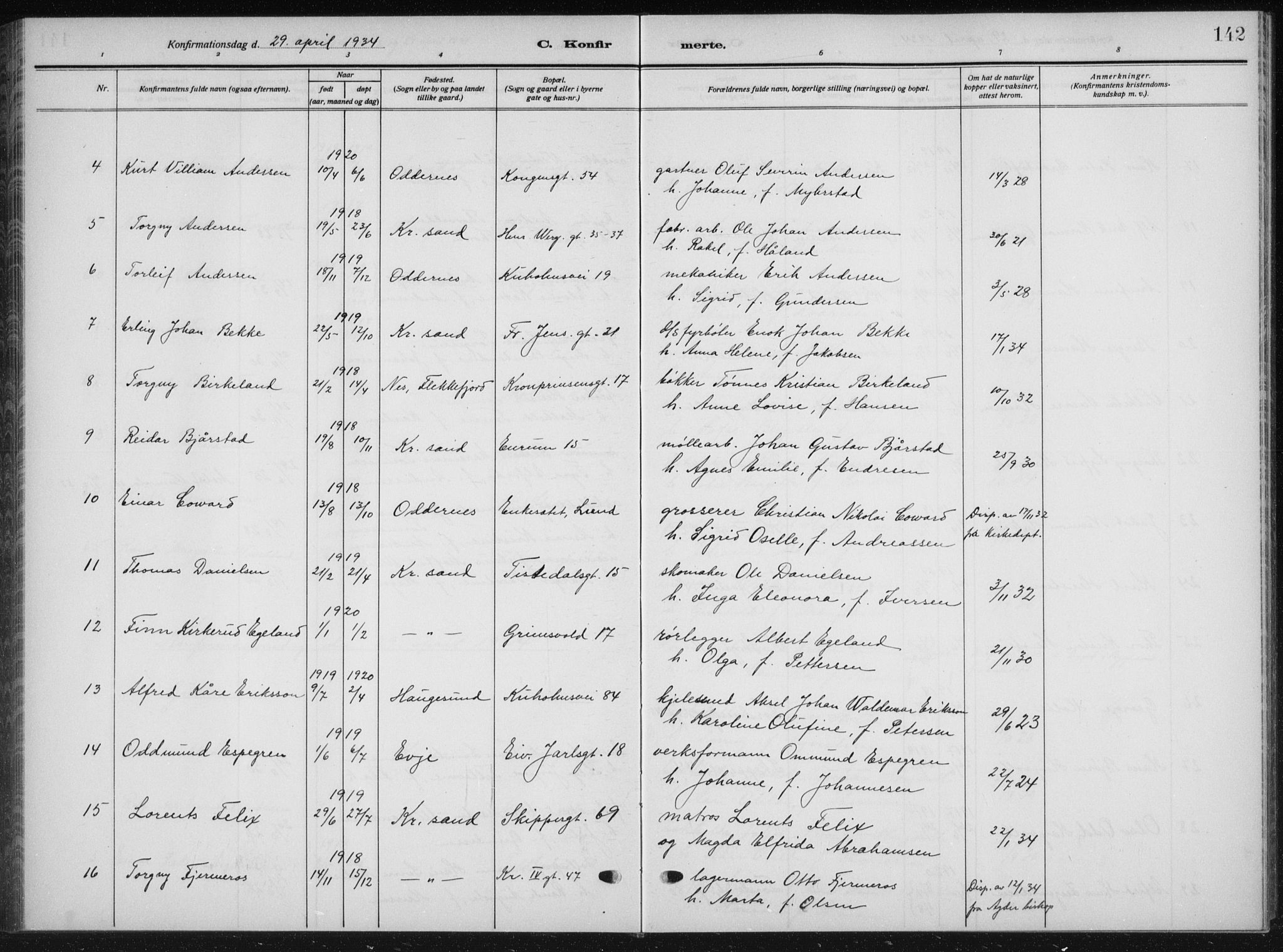 Kristiansand domprosti, AV/SAK-1112-0006/F/Fb/L0025: Parish register (copy) no. B 25, 1924-1934, p. 142