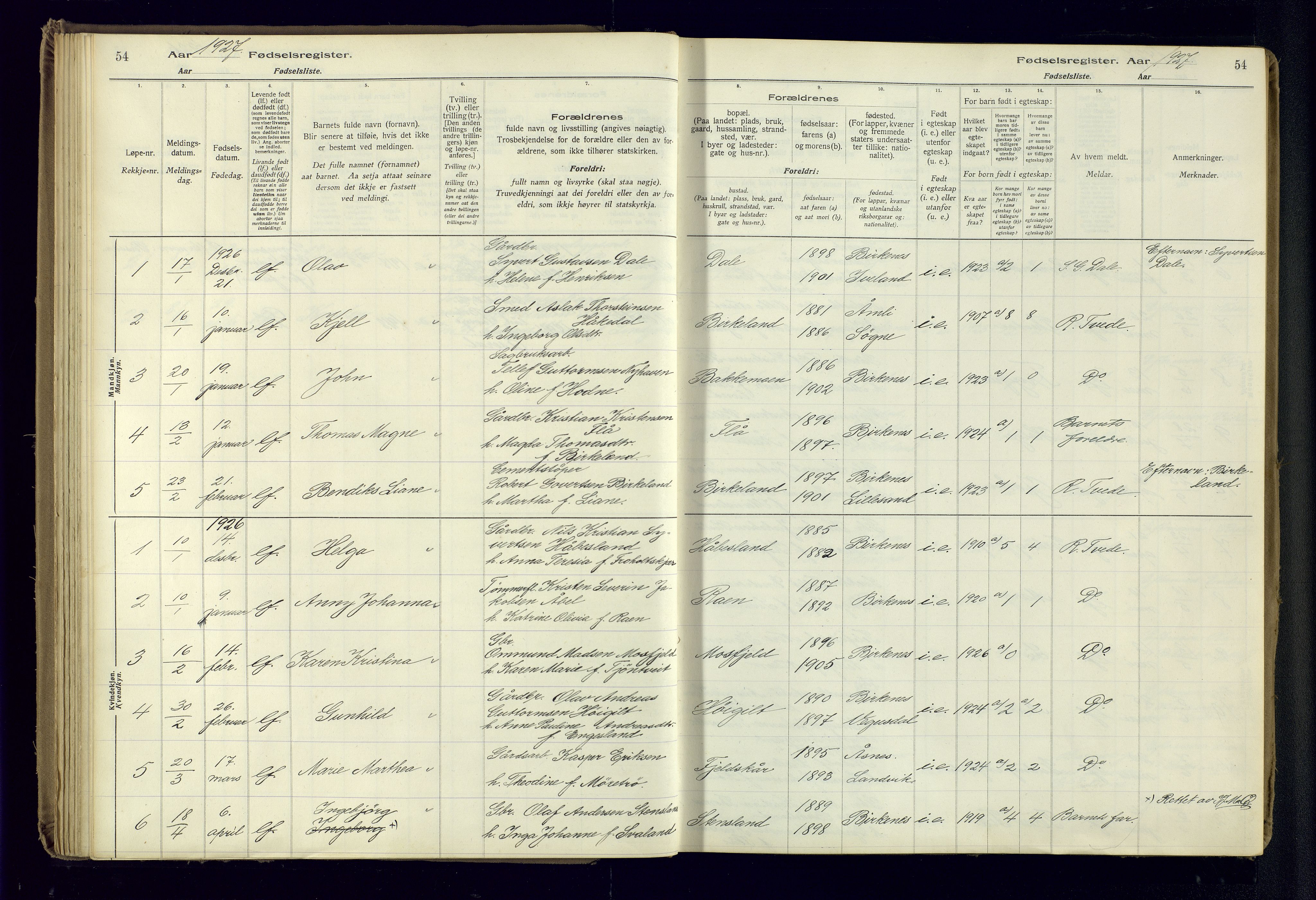 Birkenes sokneprestkontor, AV/SAK-1111-0004/J/Ja/L0001: Birth register no. II.6.4, 1916-1962, p. 54