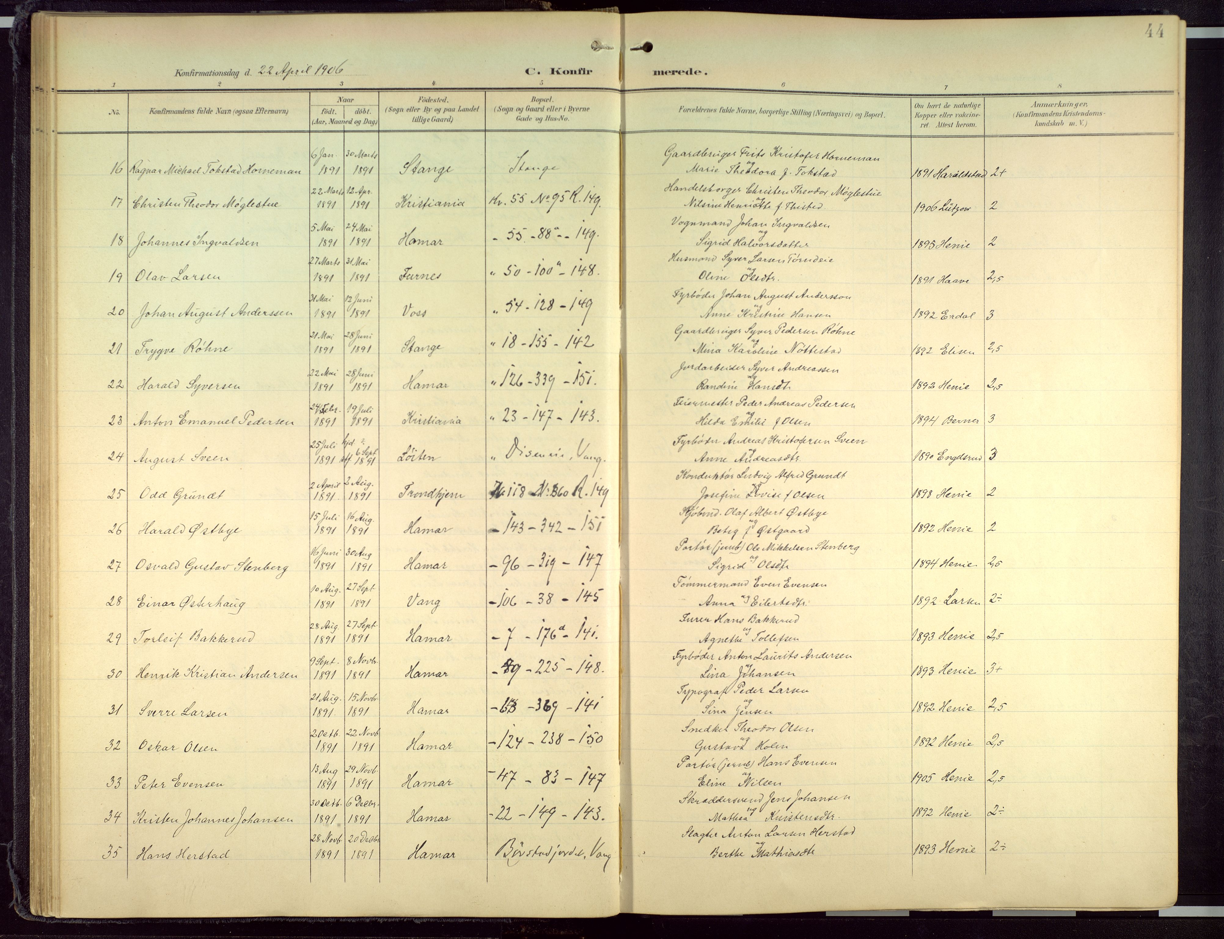 Hamar prestekontor, AV/SAH-DOMPH-002/H/Ha/Haa/L0004: Parish register (official) no. 4, 1899-1973, p. 44