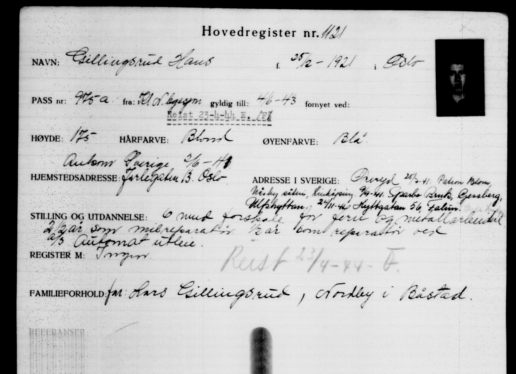 Den Kgl. Norske Legasjons Flyktningskontor, RA/S-6753/V/Va/L0002: Kjesäterkartoteket.  Flyktningenr. 1001-2000, 1940-1945, p. 197