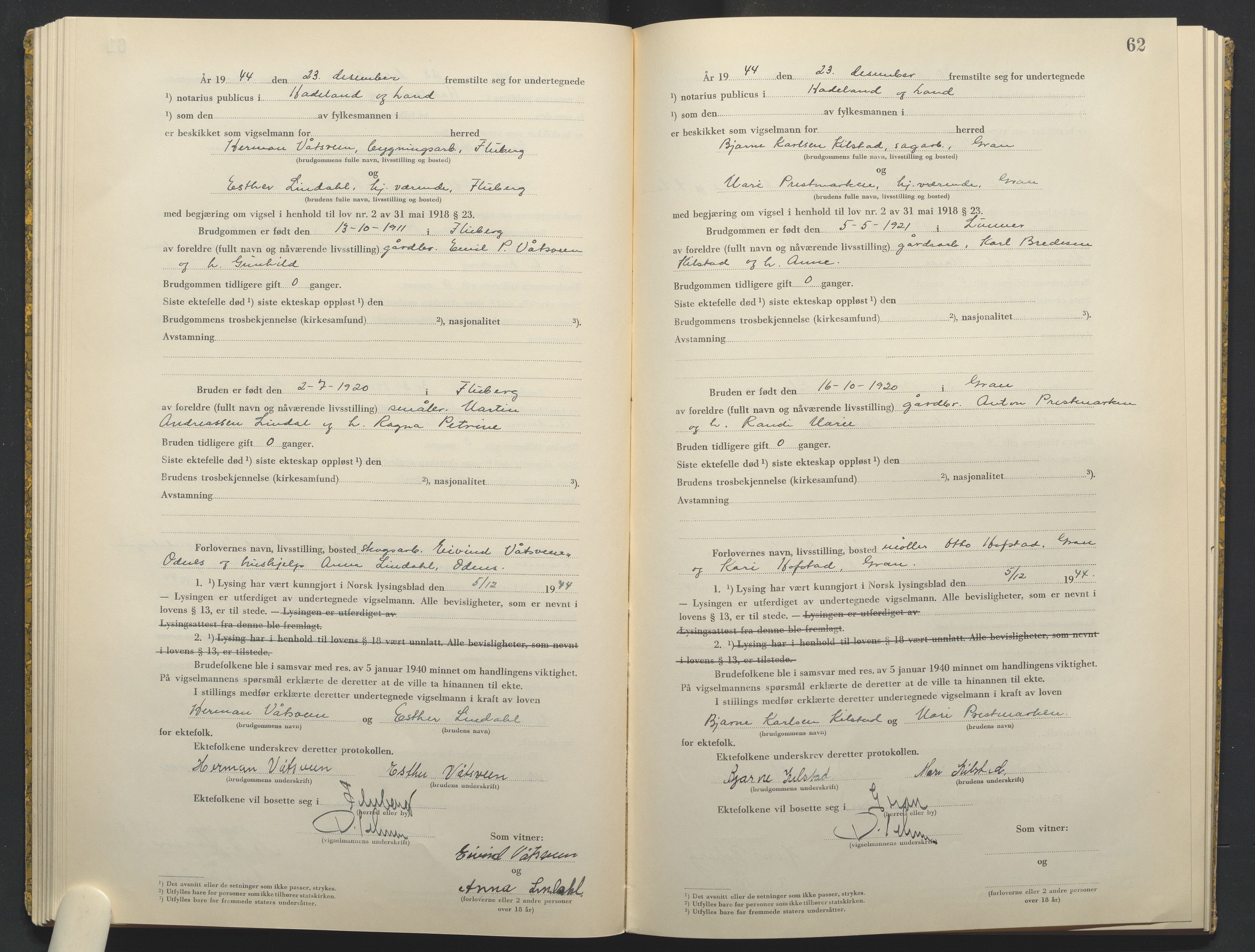 Hadeland og Land tingrett, AV/SAH-TING-010/L/Lb/L0003: Vigselbok, 1944-1946, p. 62