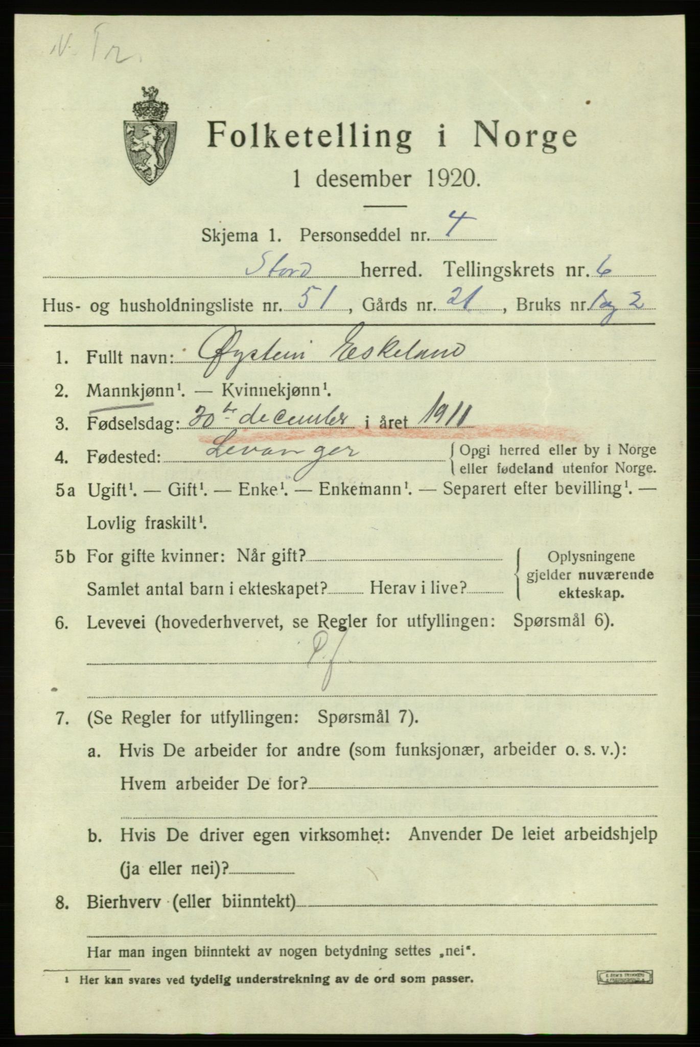 SAB, 1920 census for Stord, 1920, p. 3227
