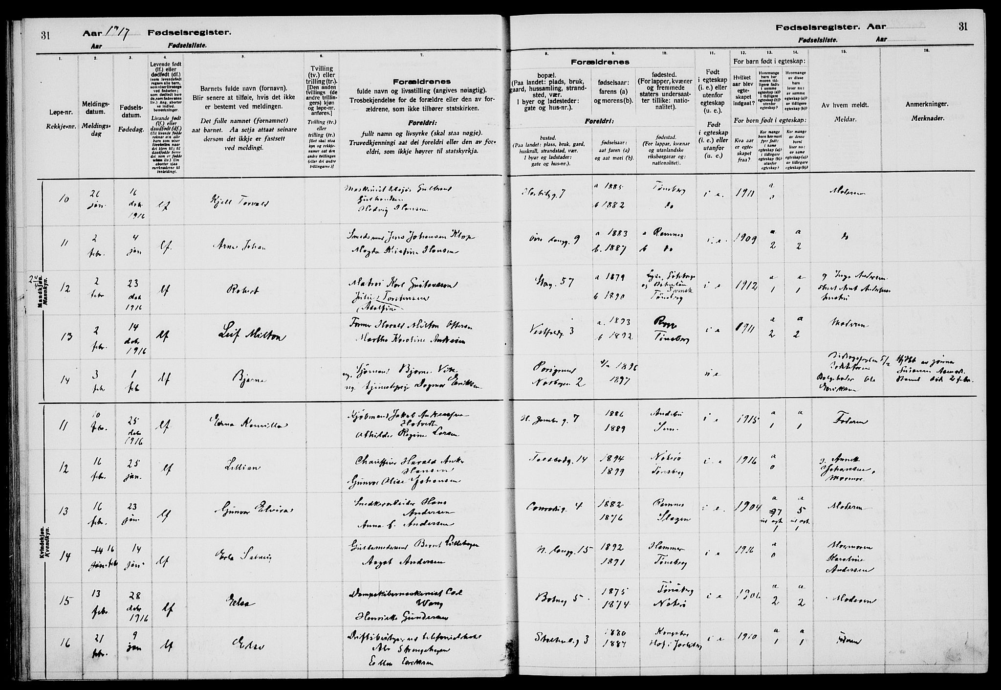 Tønsberg kirkebøker, AV/SAKO-A-330/J/Ja/L0001: Birth register no. 1, 1916-1922, p. 31