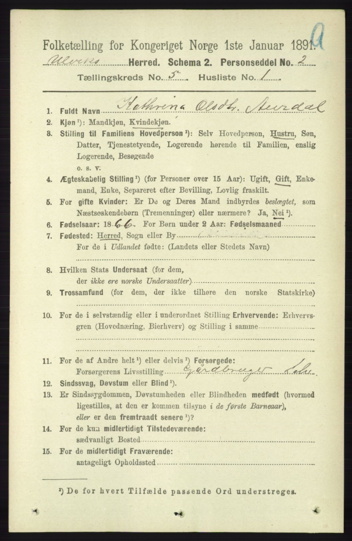 RA, 1891 census for 1233 Ulvik, 1891, p. 1403