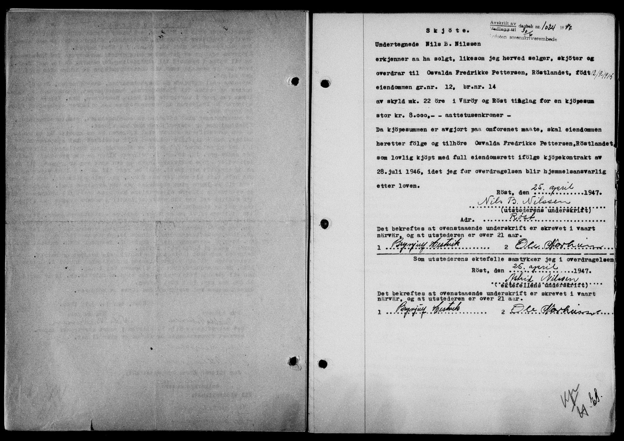 Lofoten sorenskriveri, SAT/A-0017/1/2/2C/L0016a: Mortgage book no. 16a, 1947-1947, Diary no: : 1034/1947