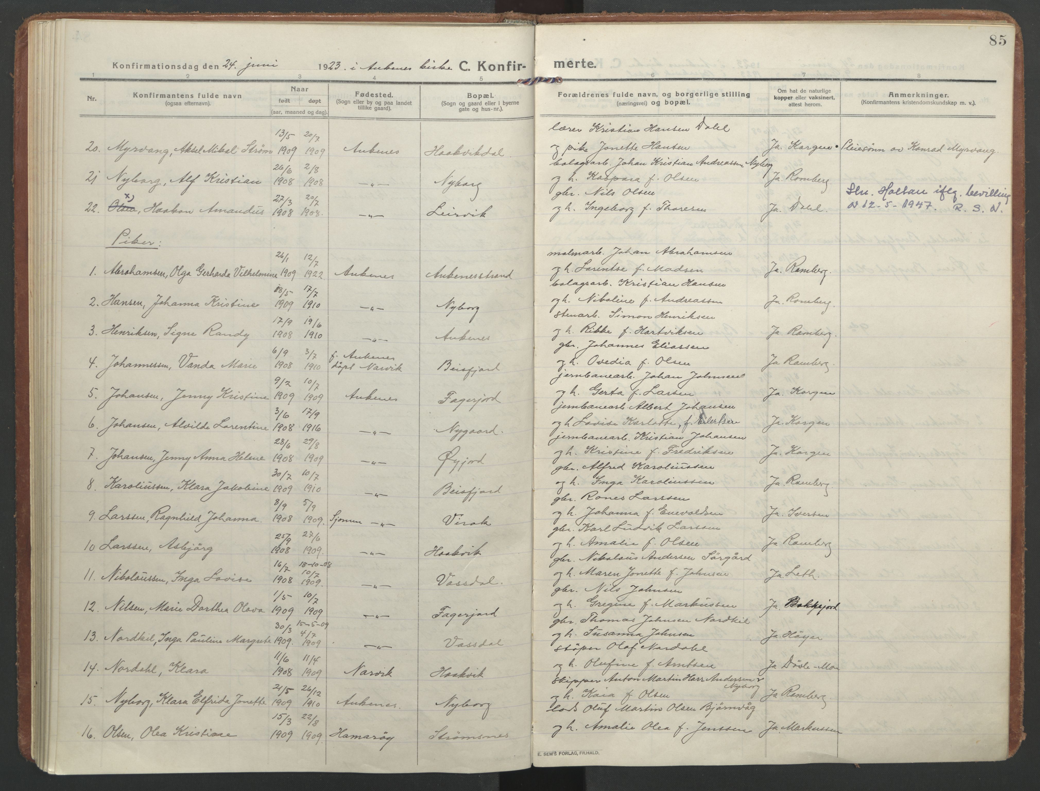 Ministerialprotokoller, klokkerbøker og fødselsregistre - Nordland, AV/SAT-A-1459/866/L0944: Parish register (official) no. 866A07, 1906-1926, p. 85