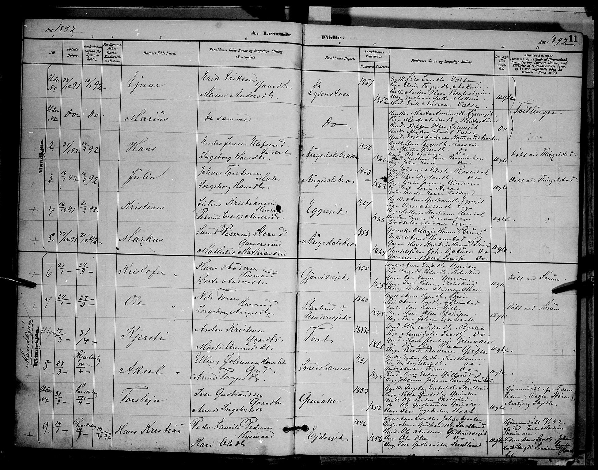 Gran prestekontor, SAH/PREST-112/H/Ha/Hab/L0004: Parish register (copy) no. 4, 1890-1899, p. 11