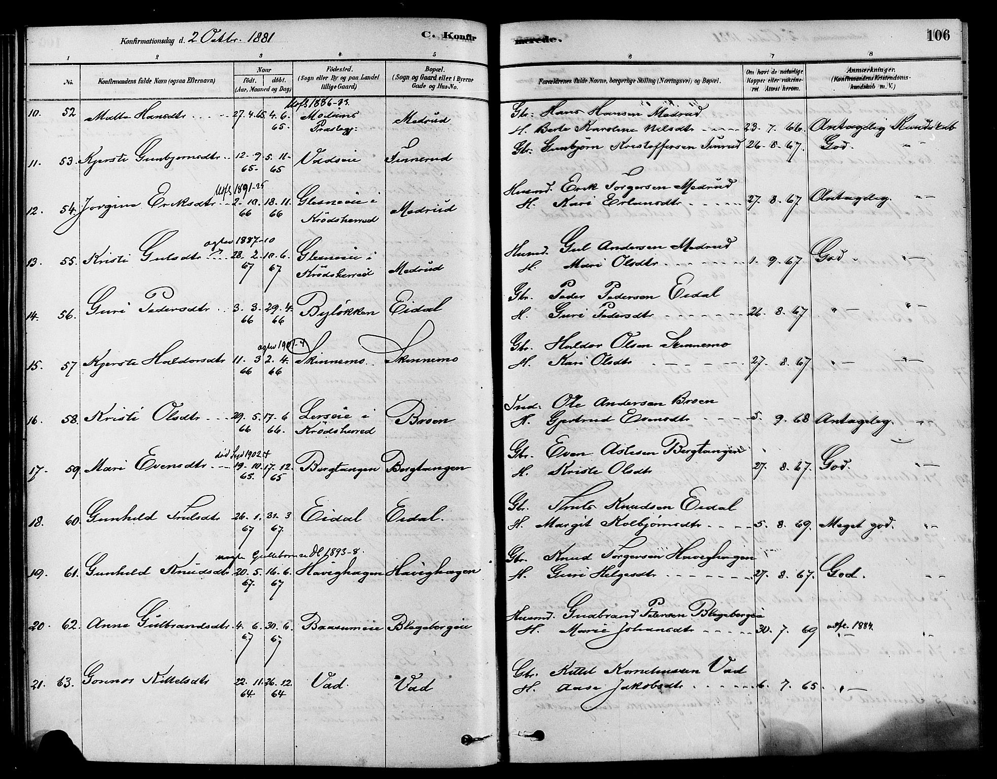 Sigdal kirkebøker, AV/SAKO-A-245/F/Fa/L0011: Parish register (official) no. I 11, 1879-1887, p. 106