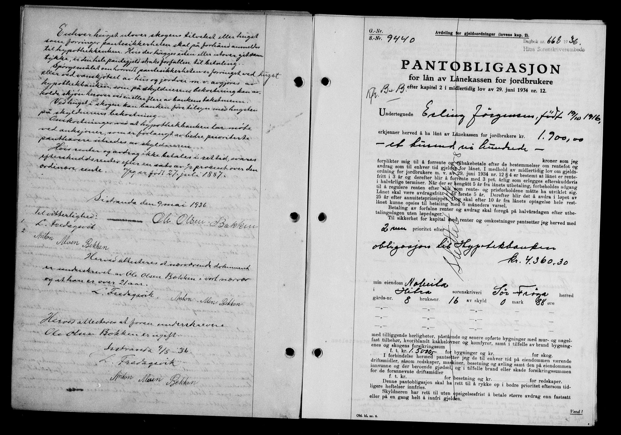Hitra sorenskriveri, AV/SAT-A-0018/2/2C/2Ca/L0028: Mortgage book no. B-1, 1936-1939, Diary no: : 668/1936