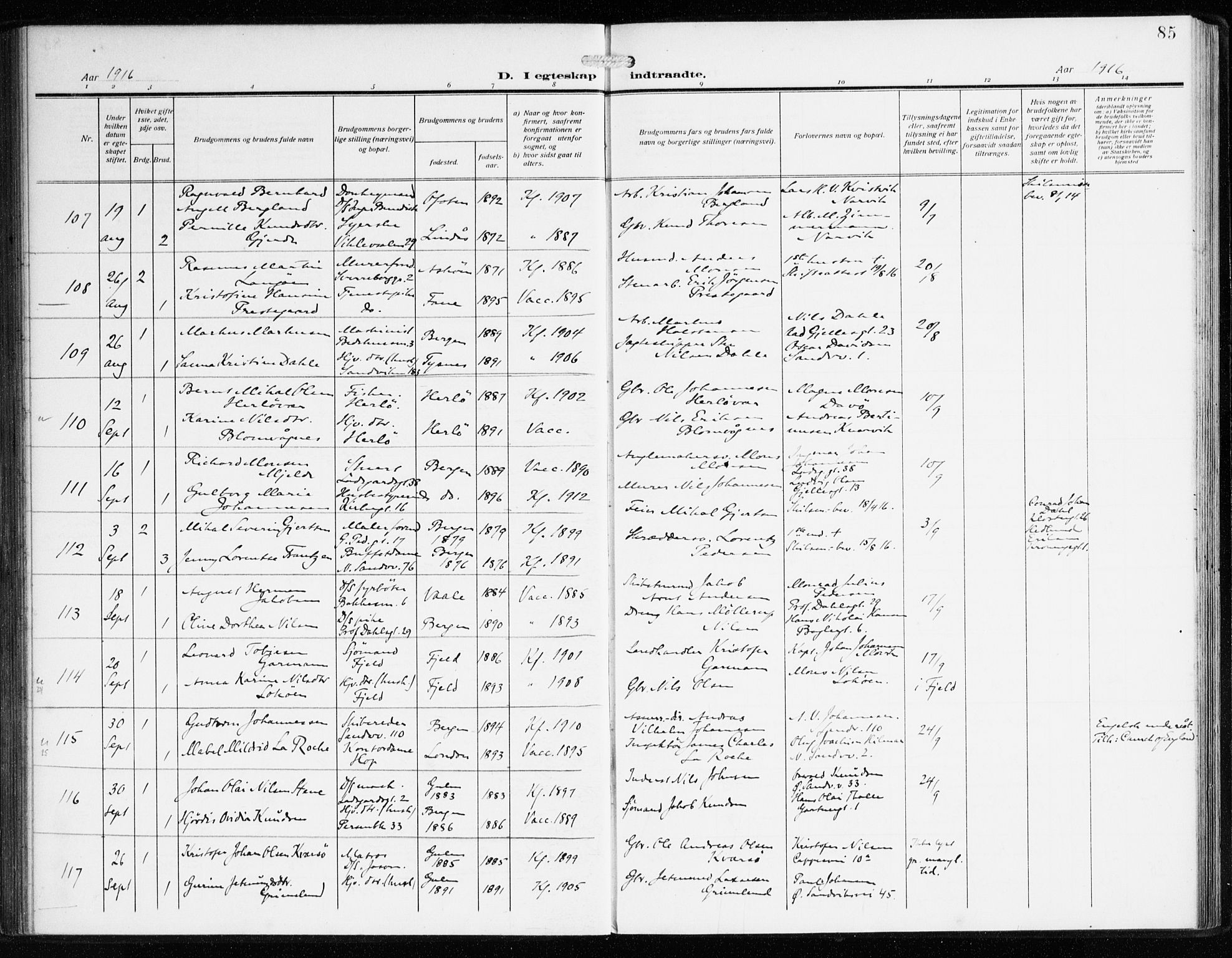 Sandviken Sokneprestembete, AV/SAB-A-77601/H/Ha/L0015: Parish register (official) no. D 2, 1911-1923, p. 85