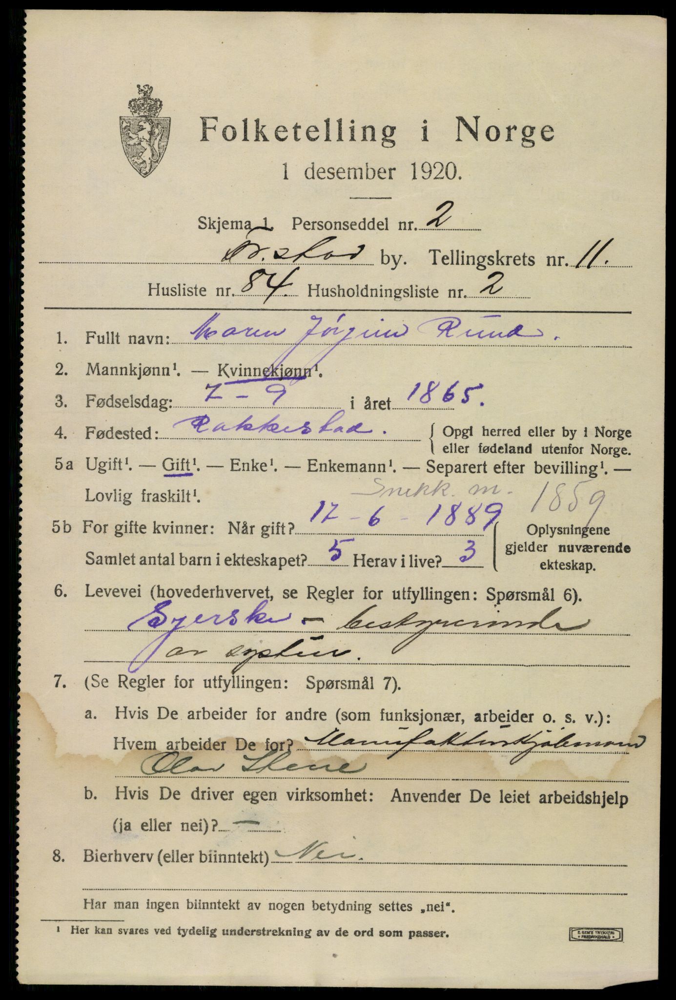 SAO, 1920 census for Fredrikstad, 1920, p. 30345