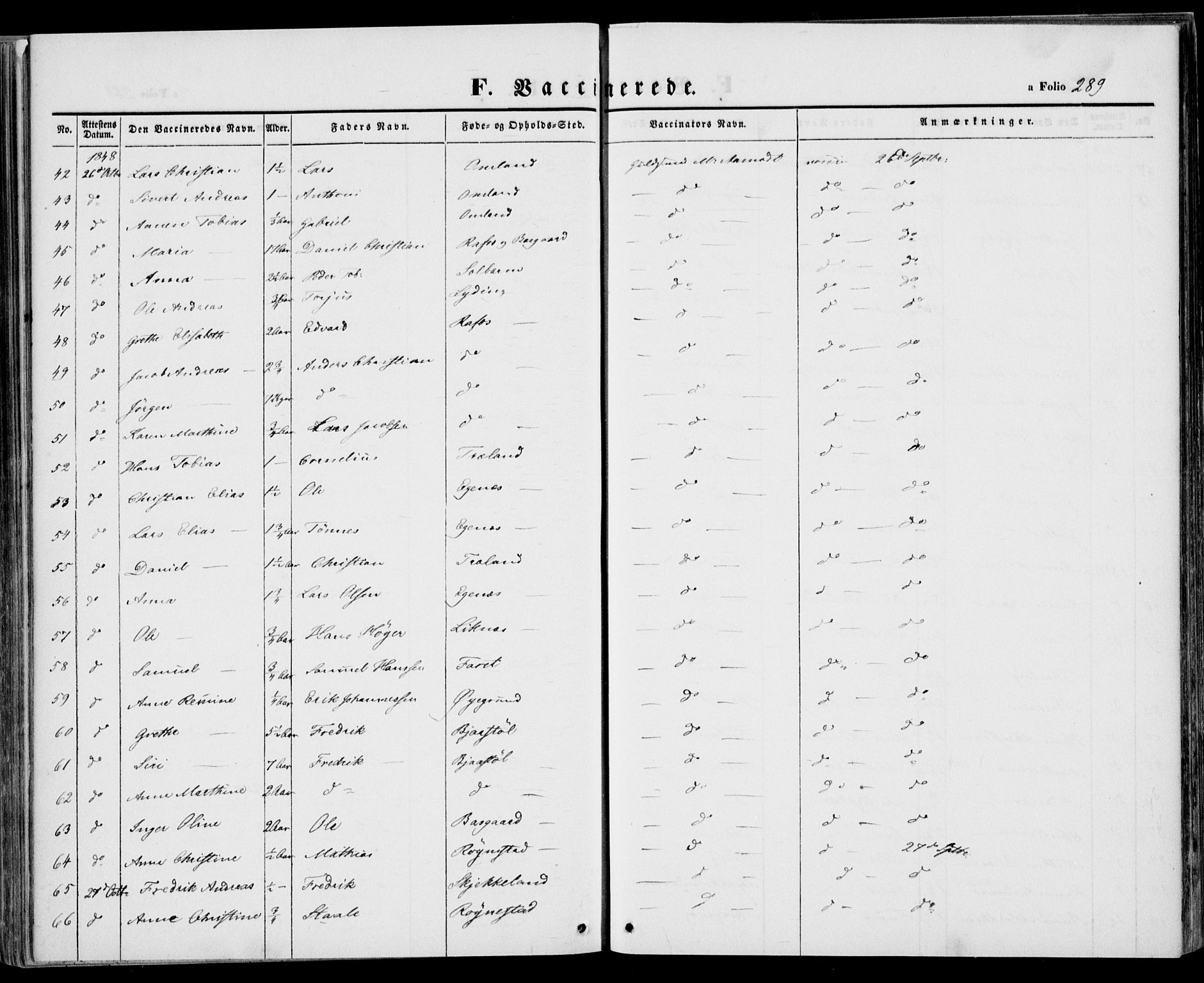 Kvinesdal sokneprestkontor, AV/SAK-1111-0026/F/Fa/Fab/L0005: Parish register (official) no. A 5, 1844-1857, p. 289